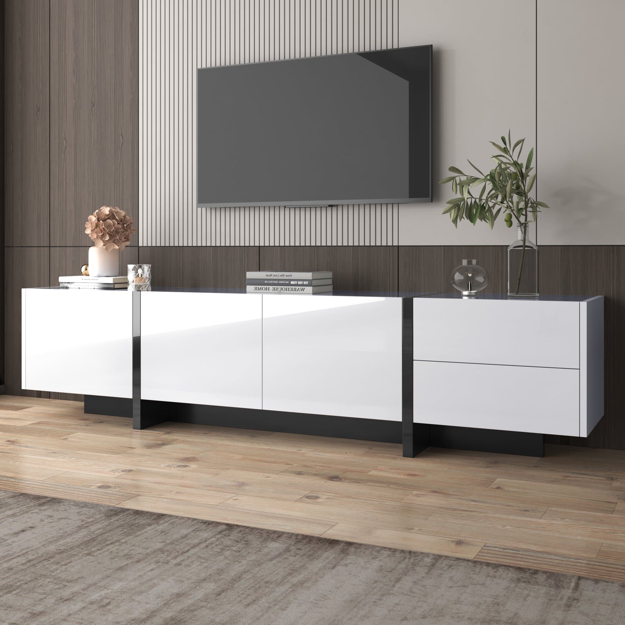 High-Gloss Modern TV Cabinet with Doors and Drawers, Entertainment Center with Storage, Black and White Design, 190x35x45 cm, White | Aosom.UK