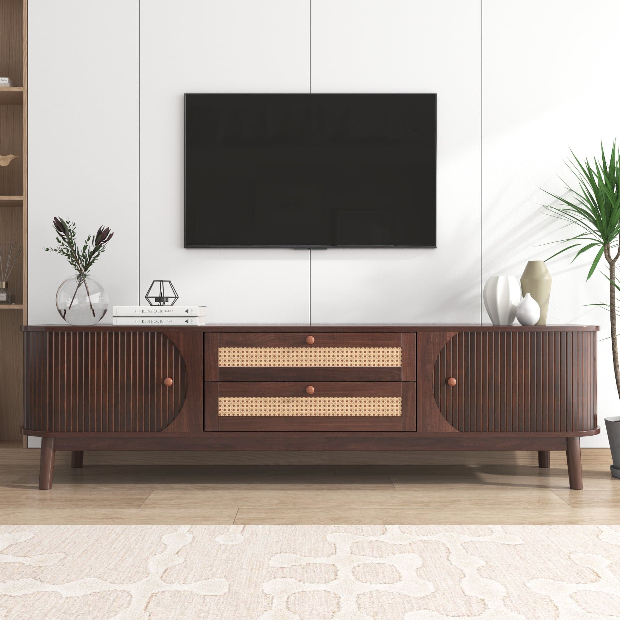 Natural Walnut Modern TV Stand with Rattan Drawers and Solid Wood Legs, Solid Wood Doors and Storage Solution, 170x39.5x46 cm, Natural | Aosom.UK