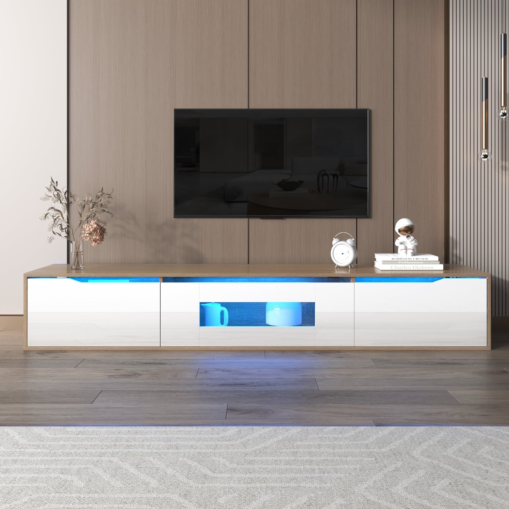 White TV Cabinet with High Gloss and Color Changing LED Lights, Media Unit with Storage for Living Room, Bedroom, 180x35x30 cm, White | Aosom.UK