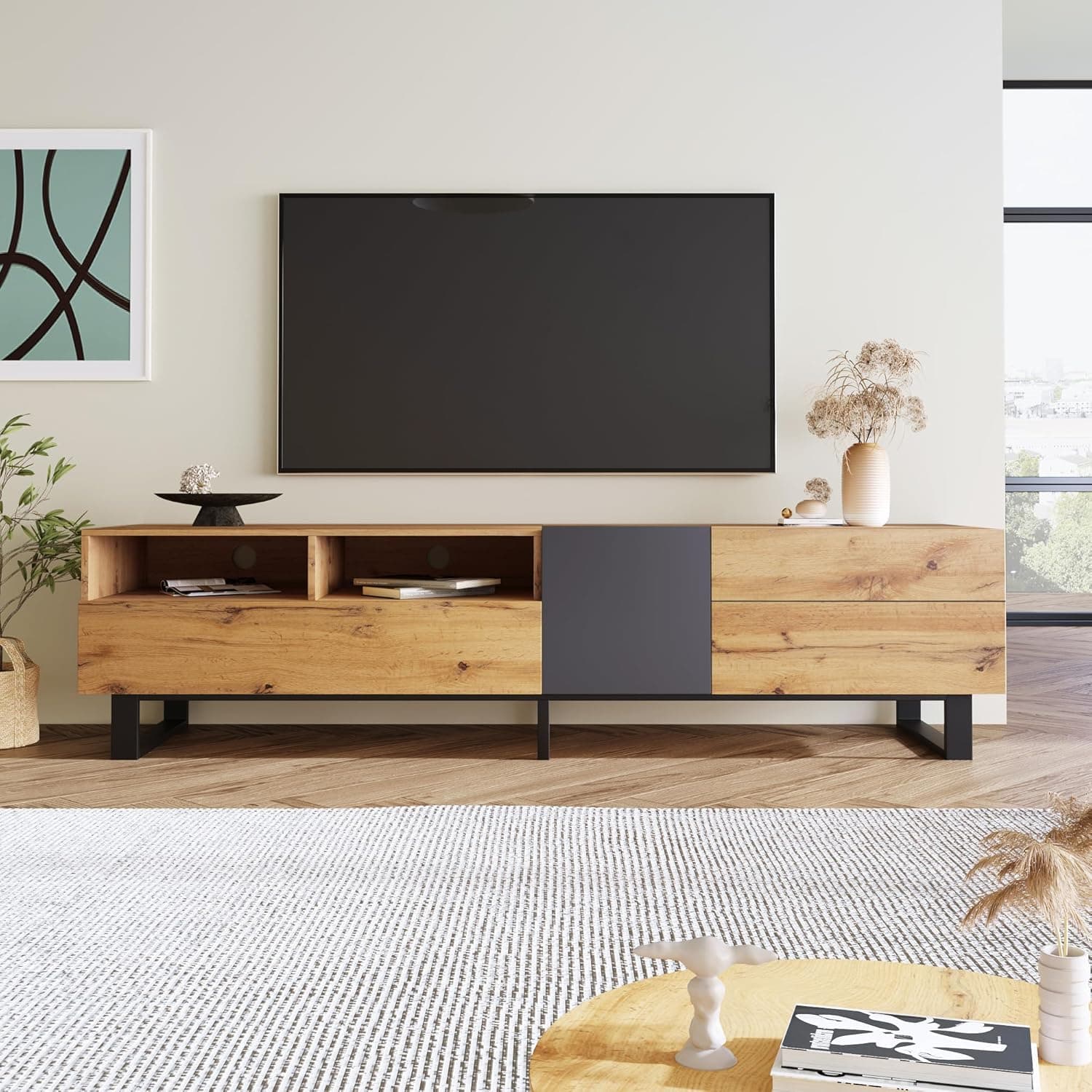 Wooden TV Unit with Storage Compartments and Grain Finish, Media Unit with Shelf for Living Room, Bedroom, 180L x 50W x 38H cm, Natural | Aosom.UK