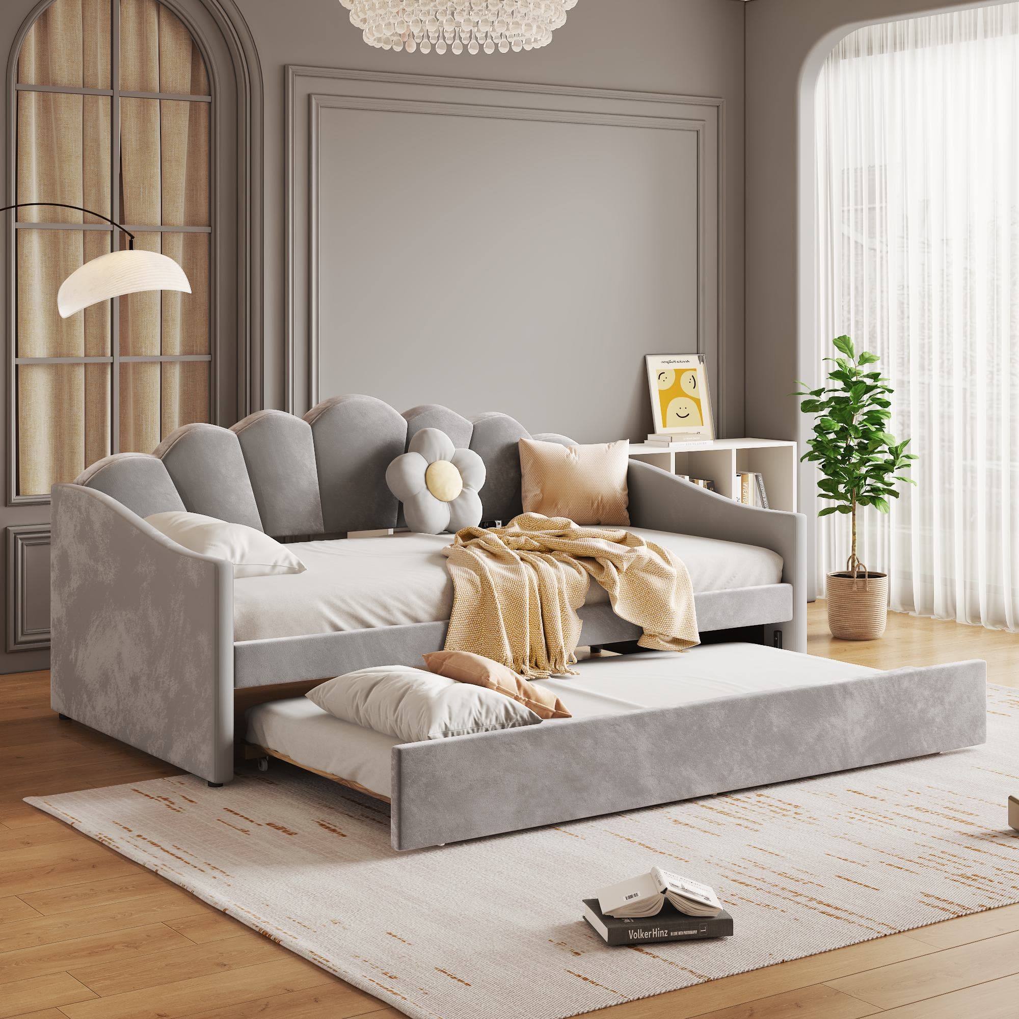 Single Day Bed with Trundle and Scalloped Cushion, Upholstered Velvet Sofa Bed with Sturdy Slats, for Bedroom, 202L x 190W x 95H cm, Gray | Aosom.UK