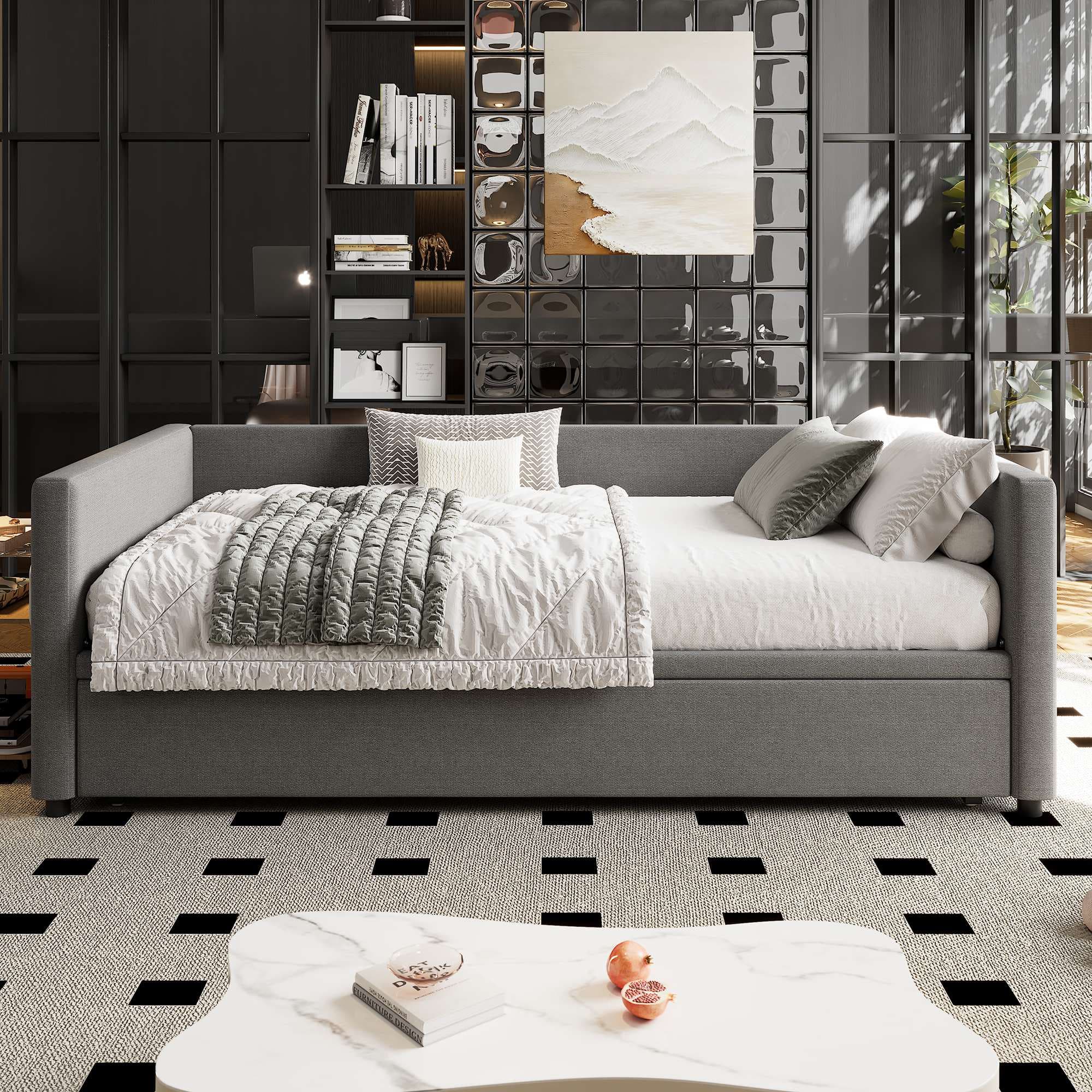 Single Day Bed with Pull-Out Bottom Bed, Converts to Double Floor Bed, Space-Saving Grey Sofa Bed for Apartments, 203L x 191W x 73H cm, Gray| Aosom.UK