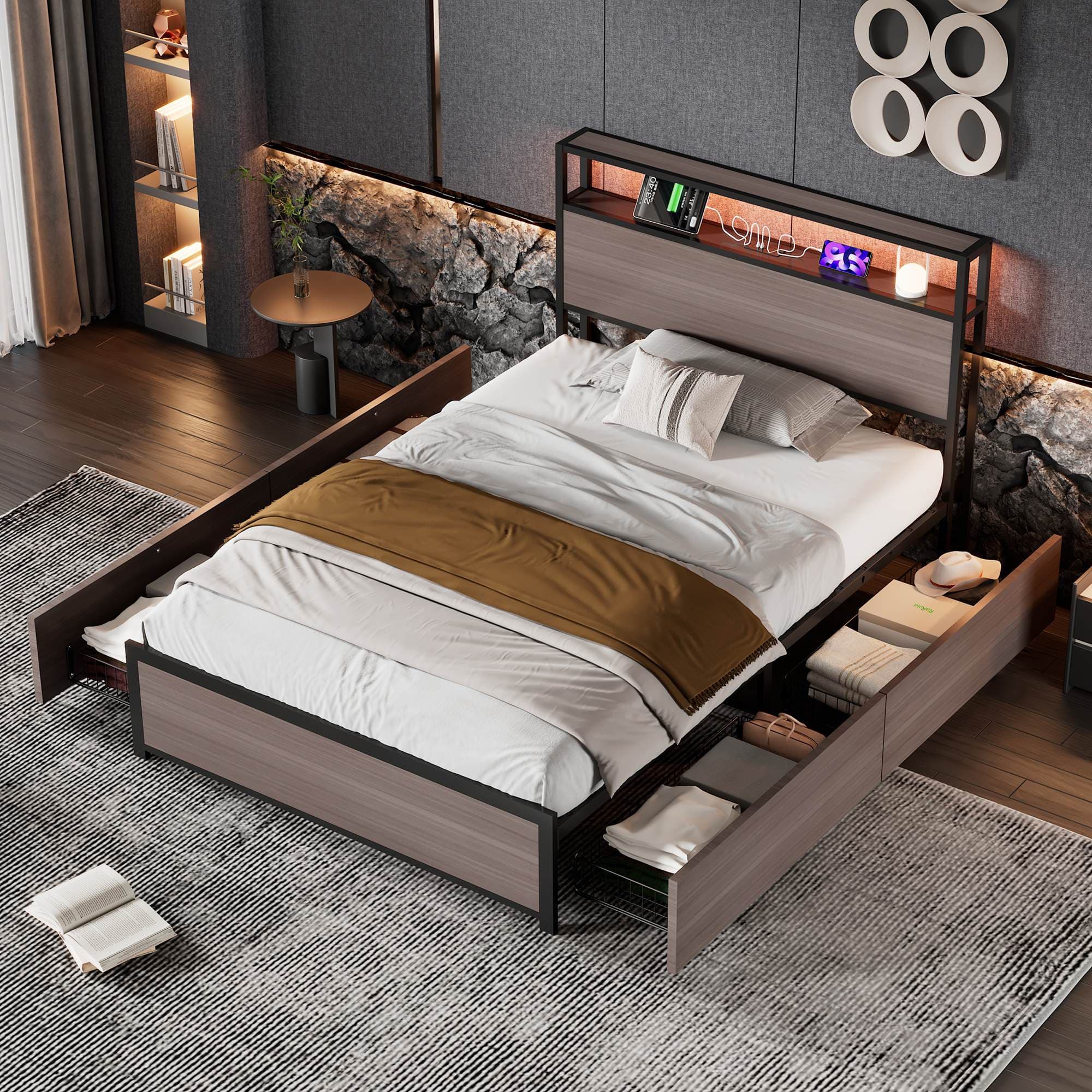 Metal Single Bed with LED Light Strip, 4 Drawers, and 3 USB Ports, Ideal for Home and Bedroom Furniture, 207x90.5x105 cm, Gray | Aosom.UK