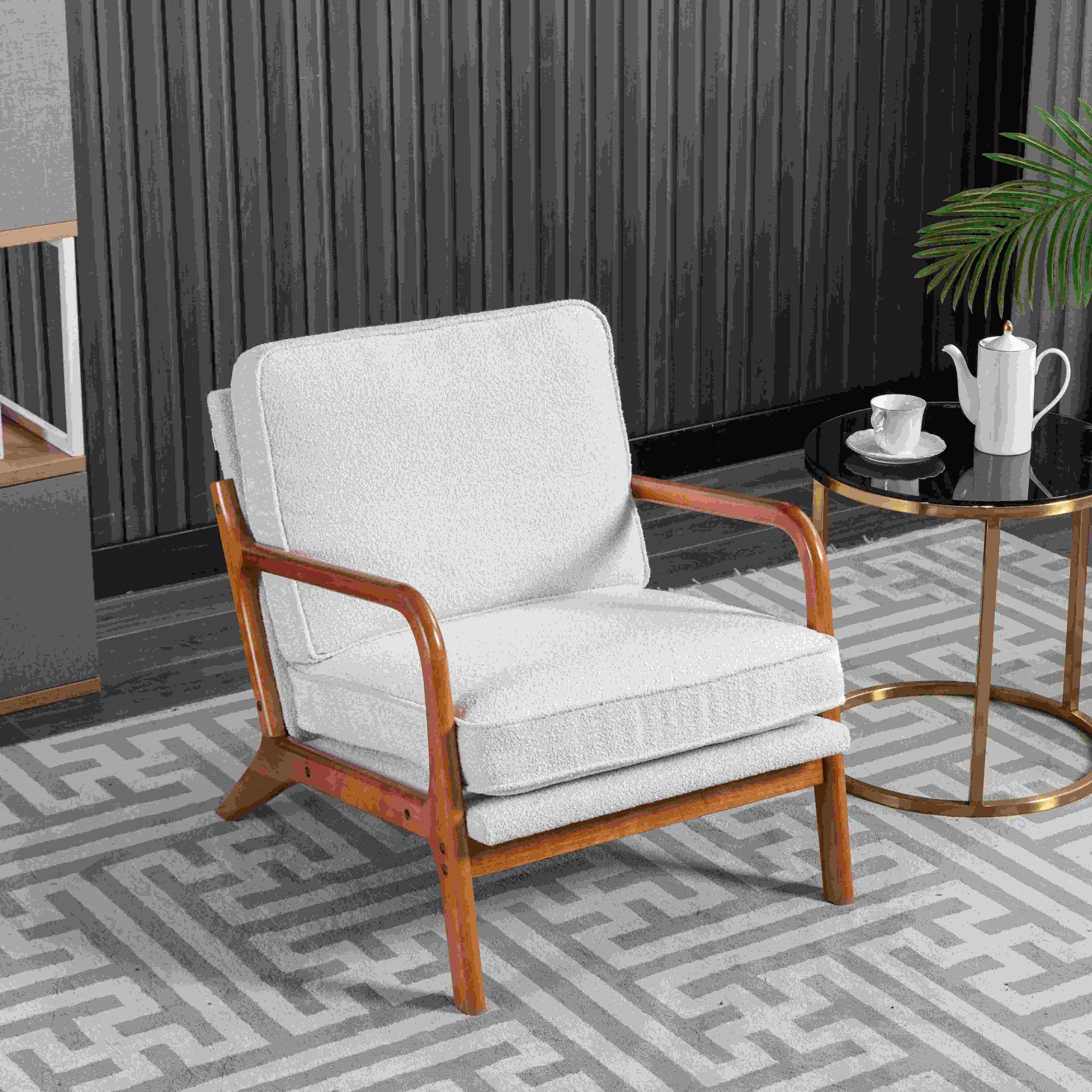 Mid-Century Modern Accent Chair with Solid Wood Frame and Soft Cushion, Comfy Armchair for Living Room, Ergonomic Design, 65x80x76cm, Beige | Aosom.UK