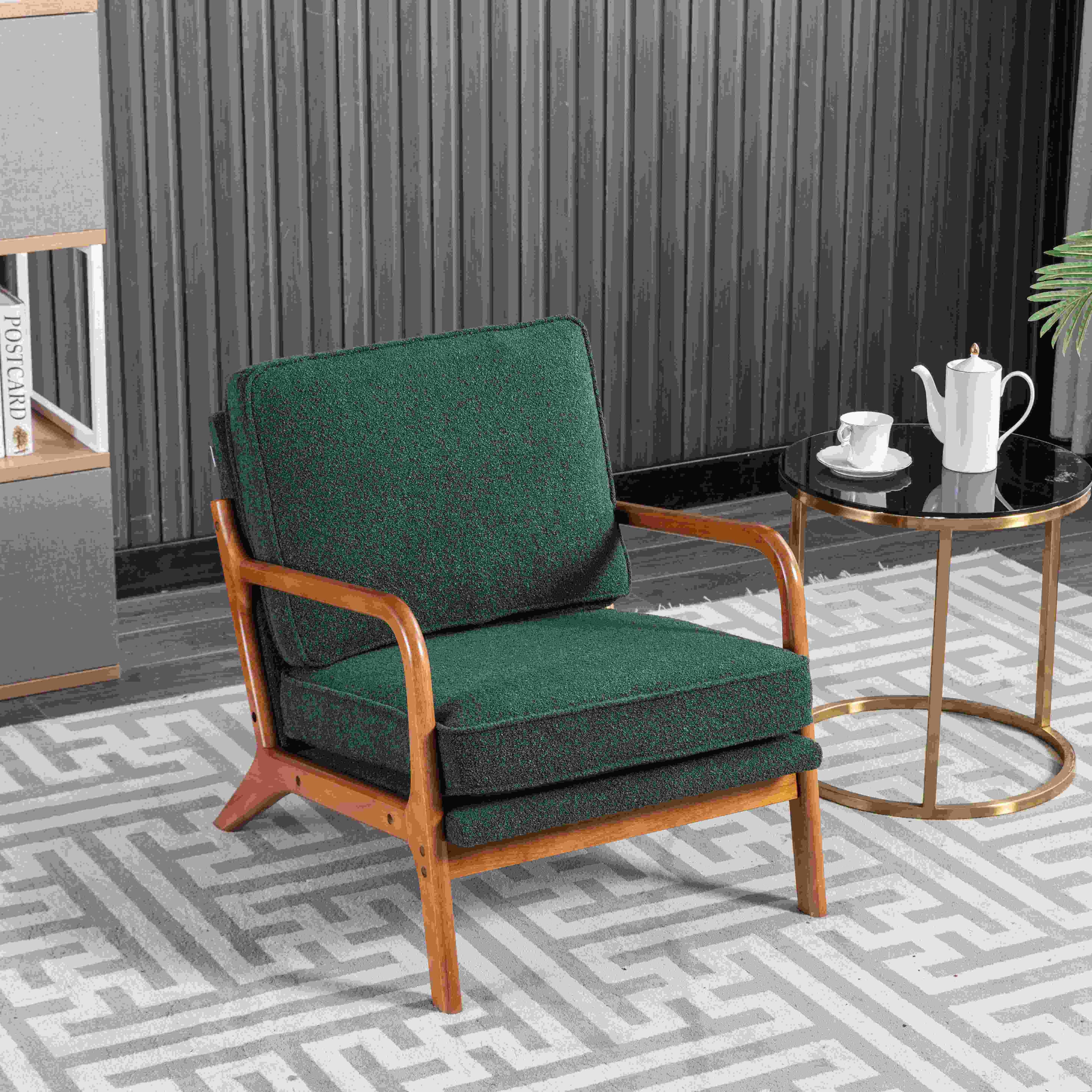 Mid-Century Modern Accent Chair with Solid Wood Frame and Soft Cushion, Armchair for Living Room, Ergonomic Design, 65x80x76 cm, Emerald | Aosom.UK