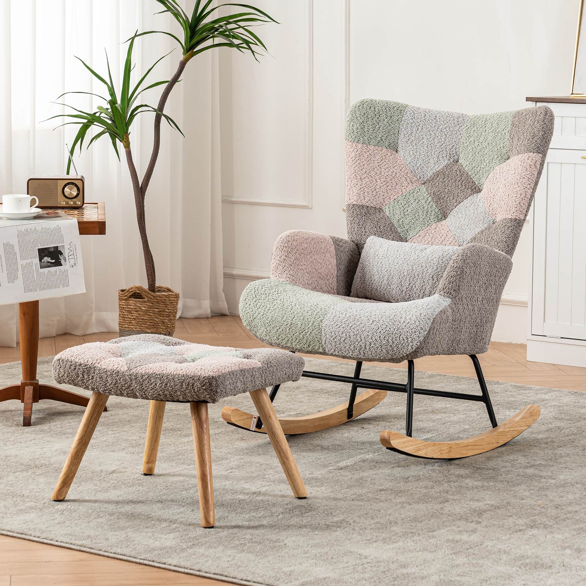 Footstool Armchair Rocking Chair with Soft Pillow and Side Pocket, Wingback Accent Recliner Chair with Footrest, 68x83x91 cm, Blue+Grey | Aosom.UK