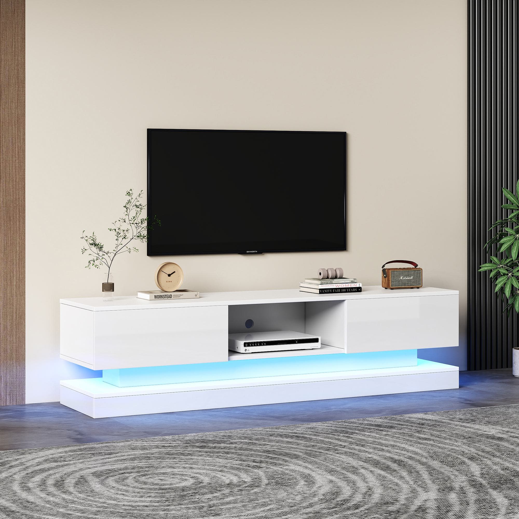TV Table with 16-color LED Lights & 4 Dynamic Modes, Media Unit in White with High Gloss Front Panel & 2 Drawers, Up to 79ft TV Size | Aosom UK