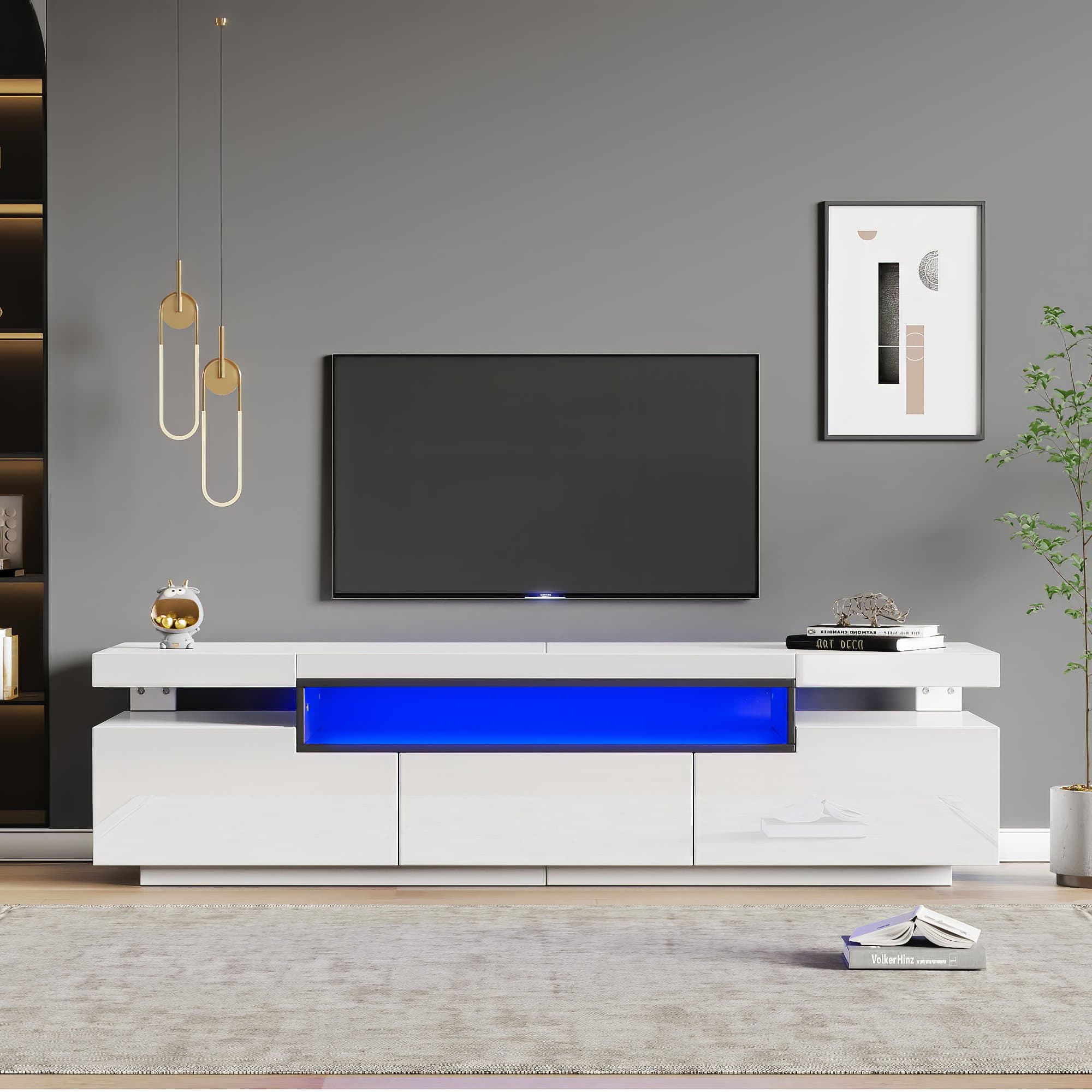 Modern TV Stand Unit with LED Lights and High Gloss Front, 3 Drawers and Open Storage, TV Stand Cabinet, Fit 70-inch TV, 160x39x42cm, White | Aosom.UK