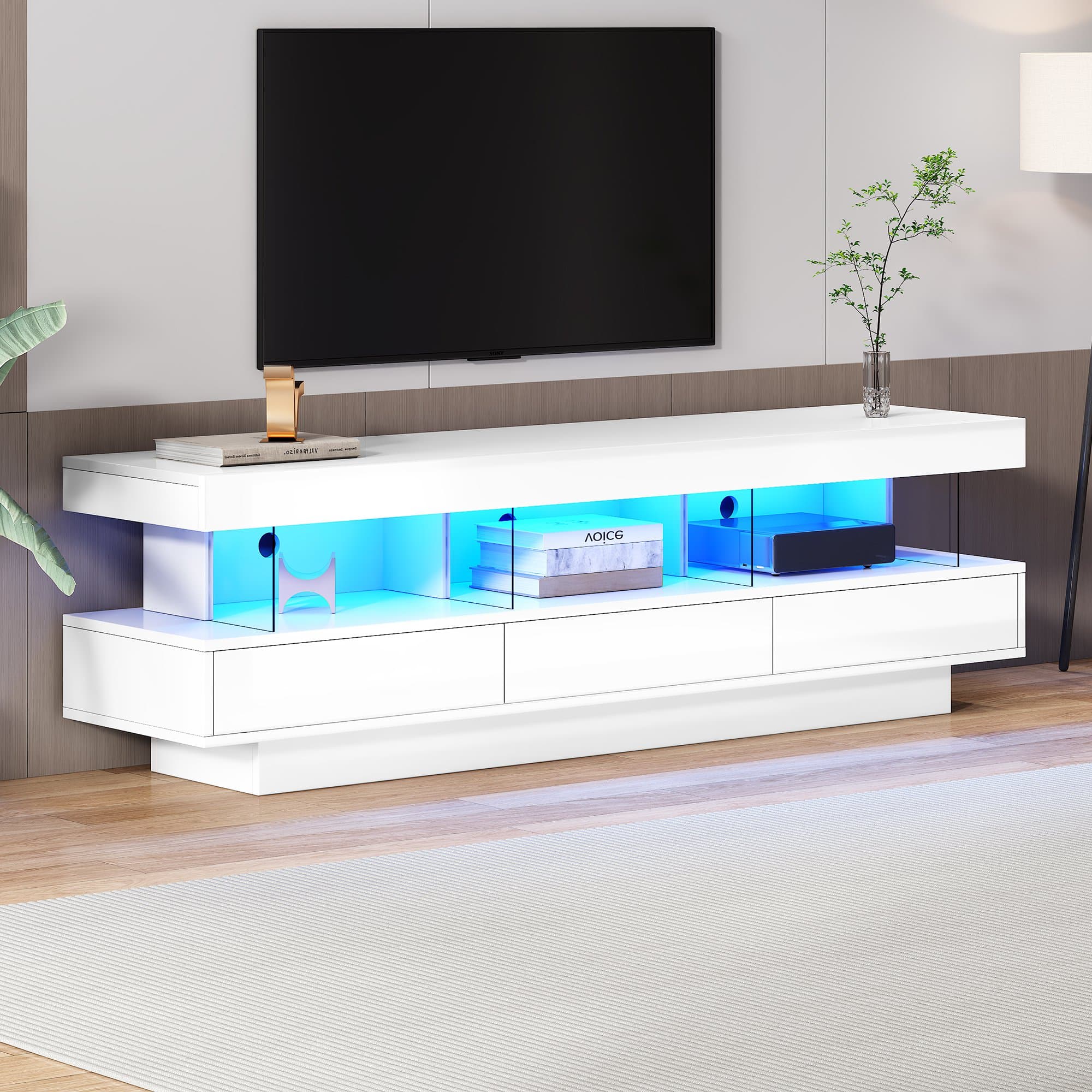 Modern High Gloss TV Units with Storage Drawers, Remote Control LED Lights, TV Cabinet for Living Room, Bedroom, 160x38x50.5 cm, White | Aosom.UK