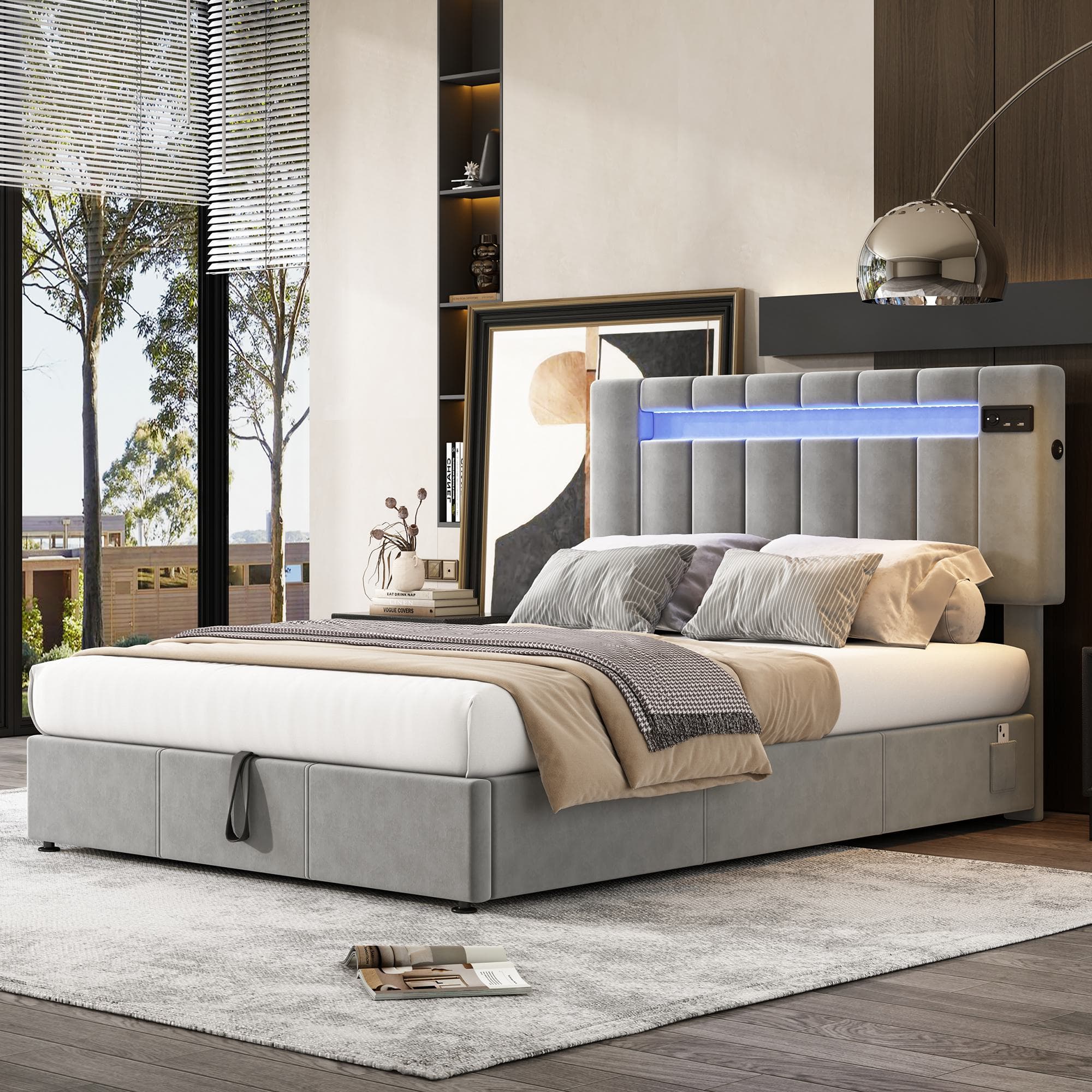 Upholstered Hydraulic Double Sofa Bed with Bluetooth Stereo, USB Ports, Storage Pockets, and LED Light Strips, 198x150x120 cm, Gray | Aosom.UK
