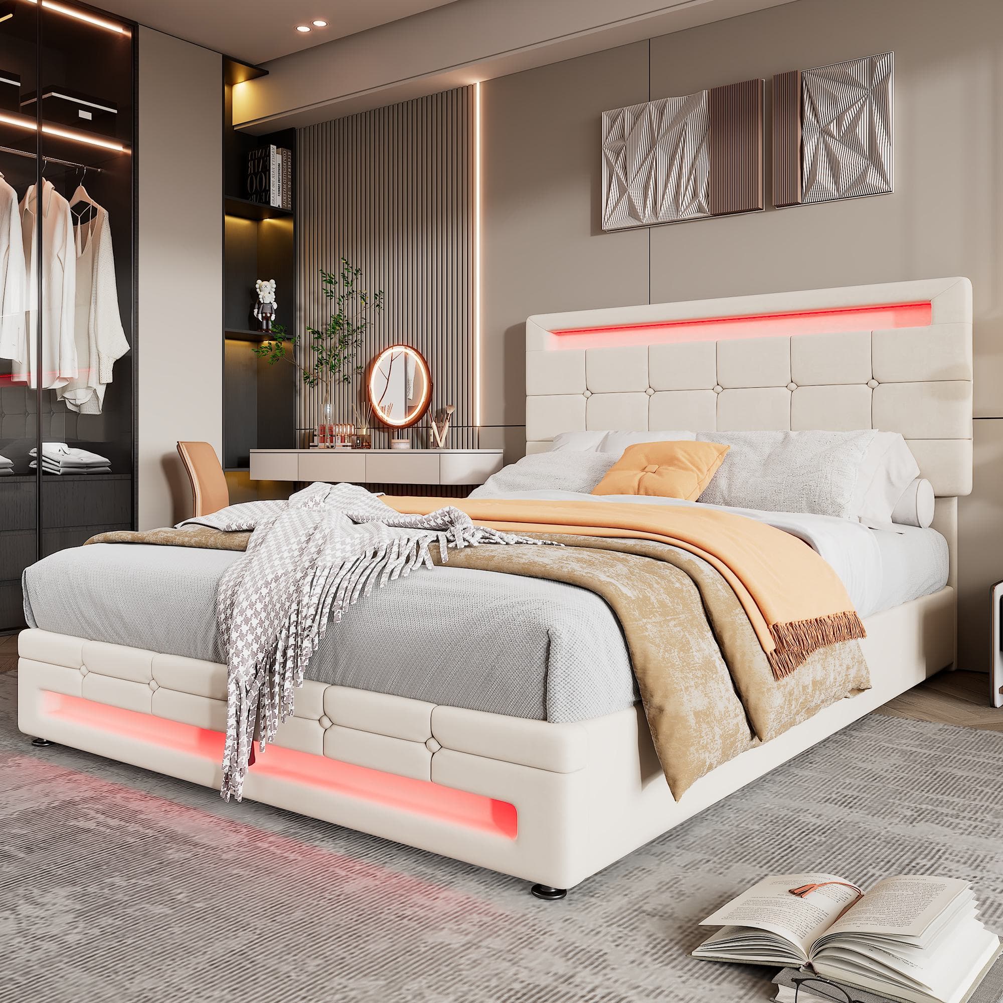 Hydraulic Lift Double Bed Frame with Storage, LED Light, Iron Frame, Upholstered Velvet Fabric Bed with Wood Slats, 199x150x123 cm, Beige | Aosom.UK