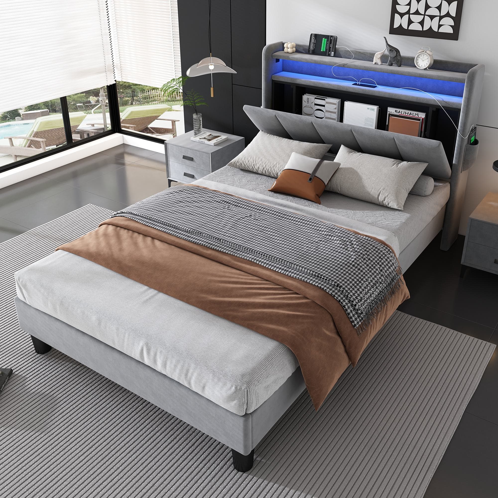 Double Velvet Upholstered Ottoman Bed with LED Light, 4 USB Ports, Lower Flap Door Storage and Soft Backrest, 204L x 96W x 107H cm, Gray | Aosom.UK