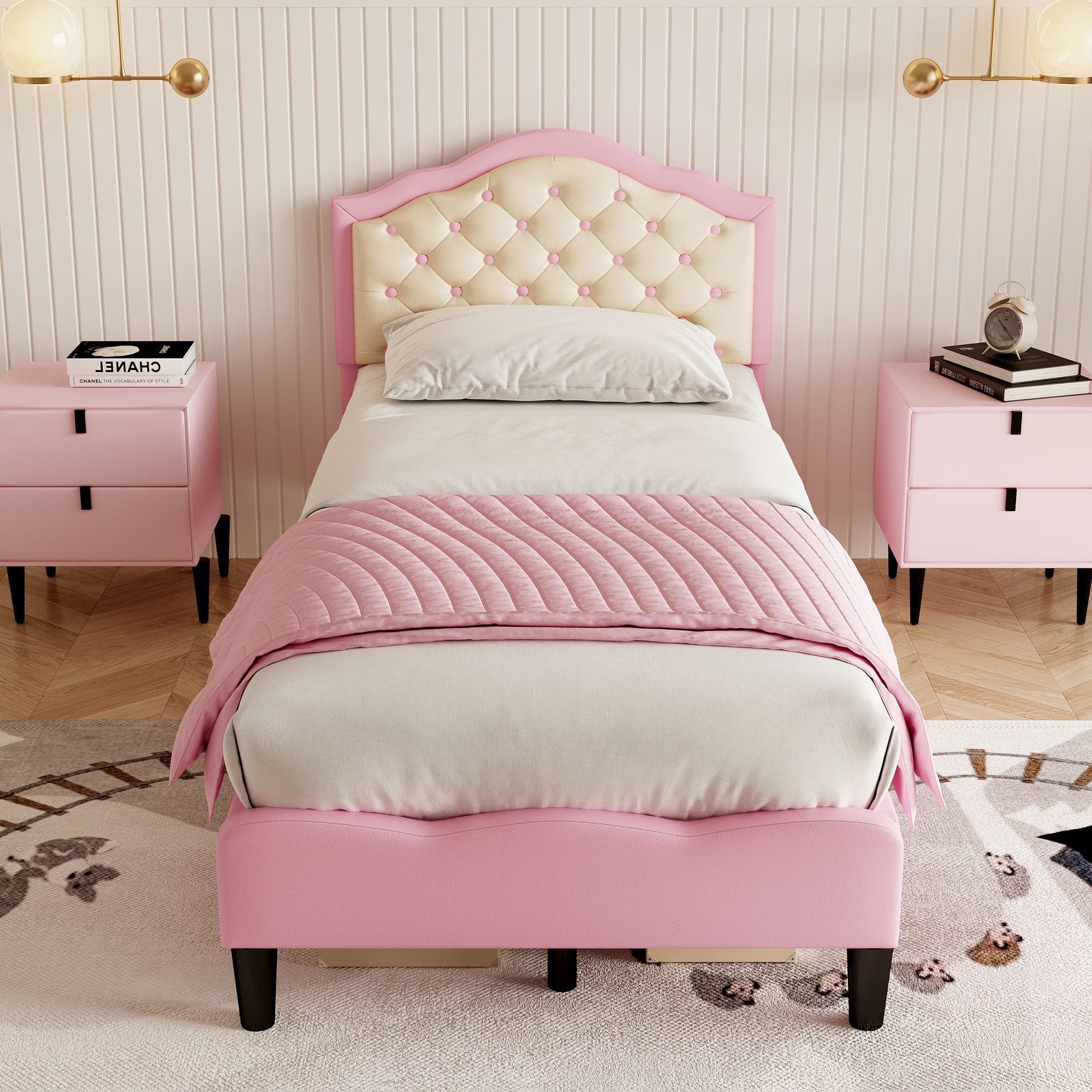 3FT Single Wood Bed with Adjustable Padded Headboard, Easy Assembly, Upholstered PU Bed for Kids, 199.5L x 92.0W x 109.5H cm, Beige+Pink | Aosom.UK
