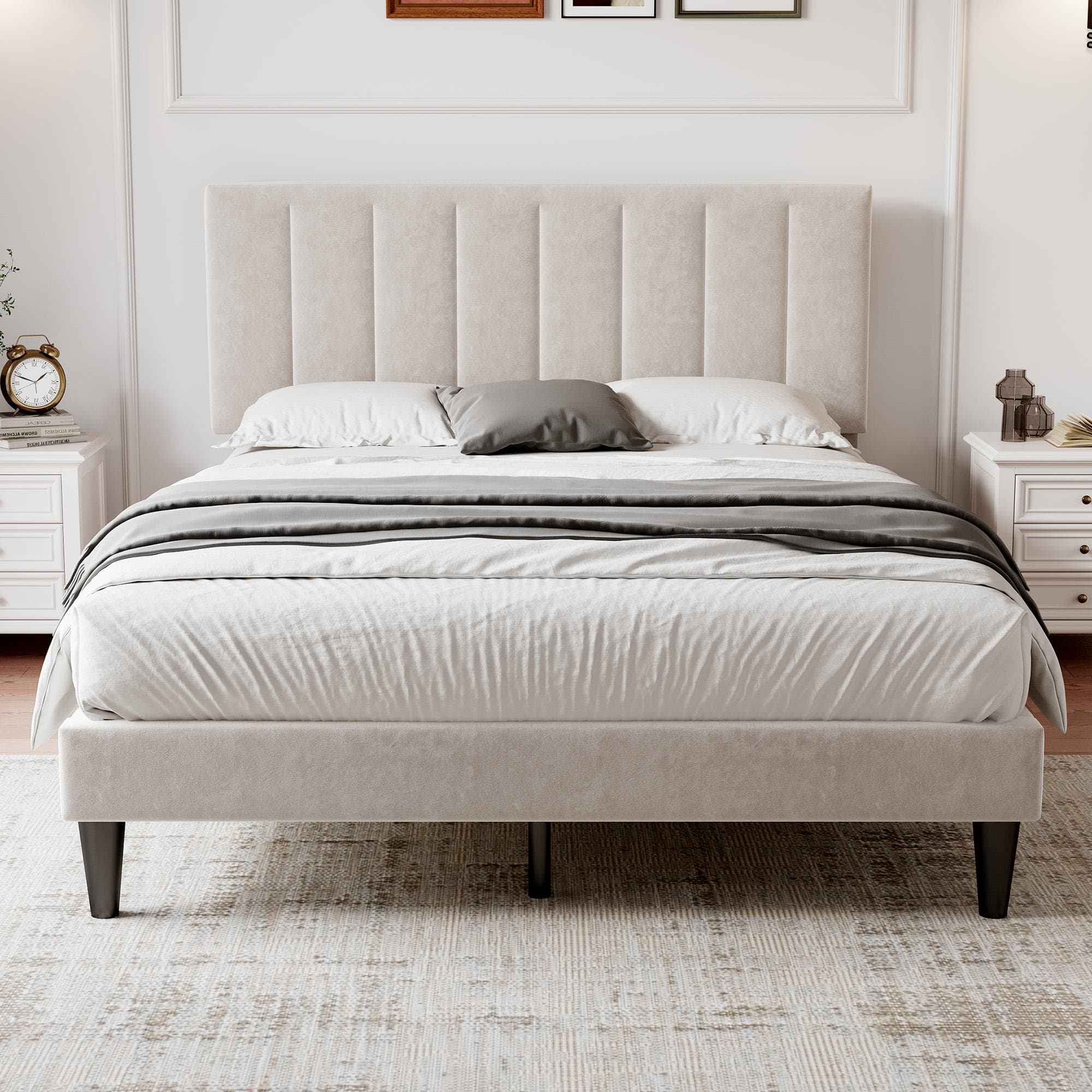 Velvet Upholstered Double Bed with Adjustable Headboard, Solid Wood Slats, Noise-Free Design, Easy Assembly, 194L x 140W x 110H cm, Beige | Aosom.UK