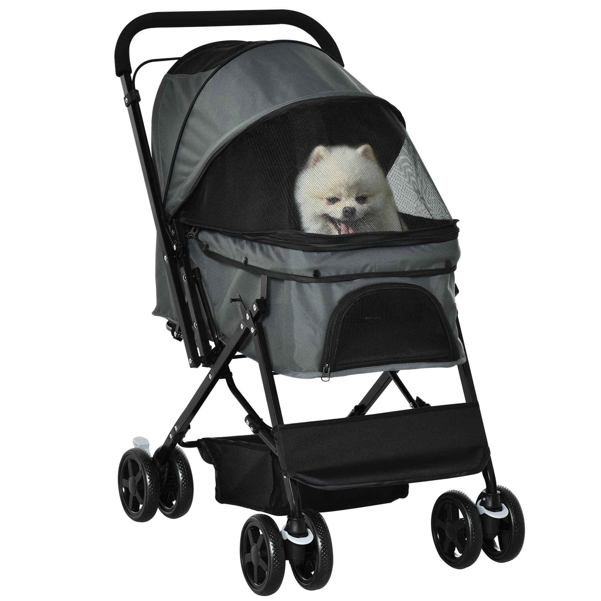PawHut Foldable Pet Stroller, Dog Jogger with Reversible Handle, EVA Wheel, Brake, Basket, Adjustable Canopy, Safety Leash, Grey | Aosom UK
