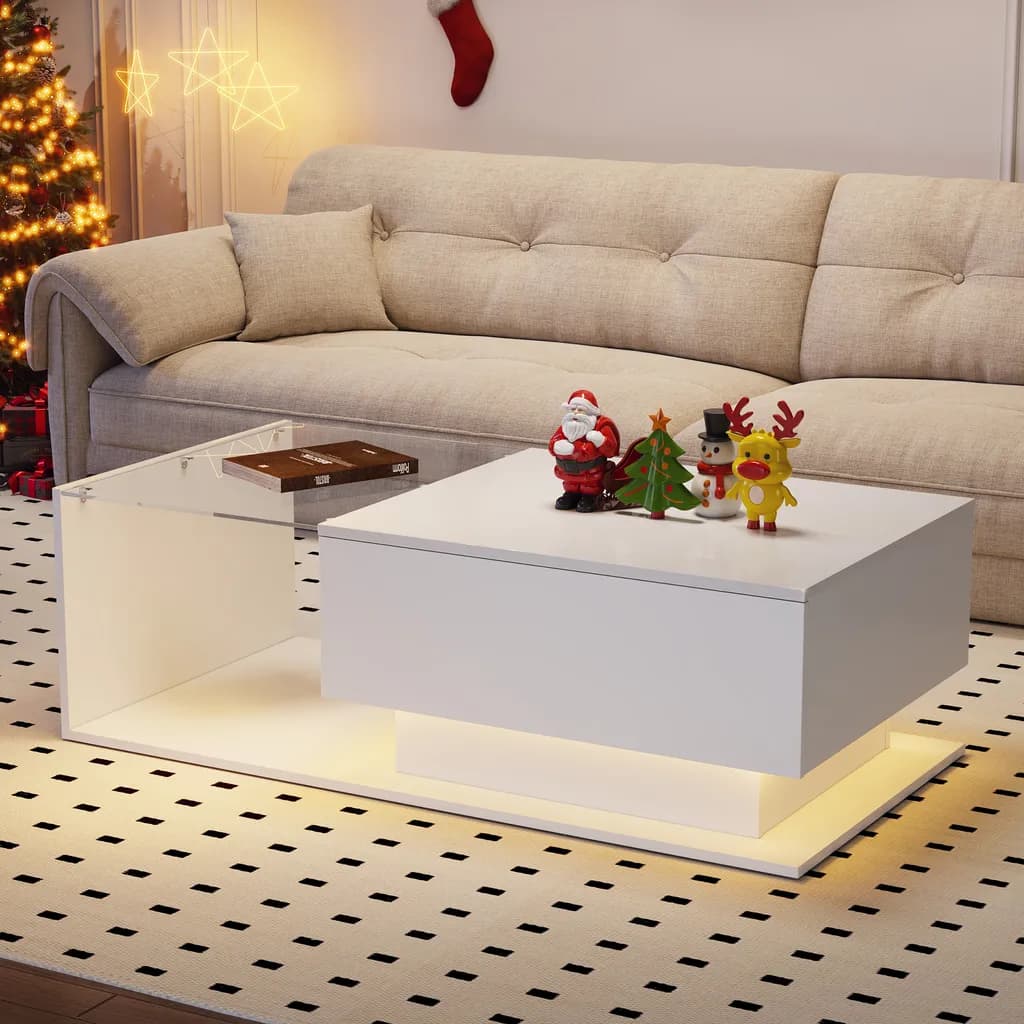 High-Gloss Coffee Table with Glass Top and LED Lights, Sofa Table with Practical Storage for Living Room, 105L x 55W x 32.5H cm, White | Aosom.UK