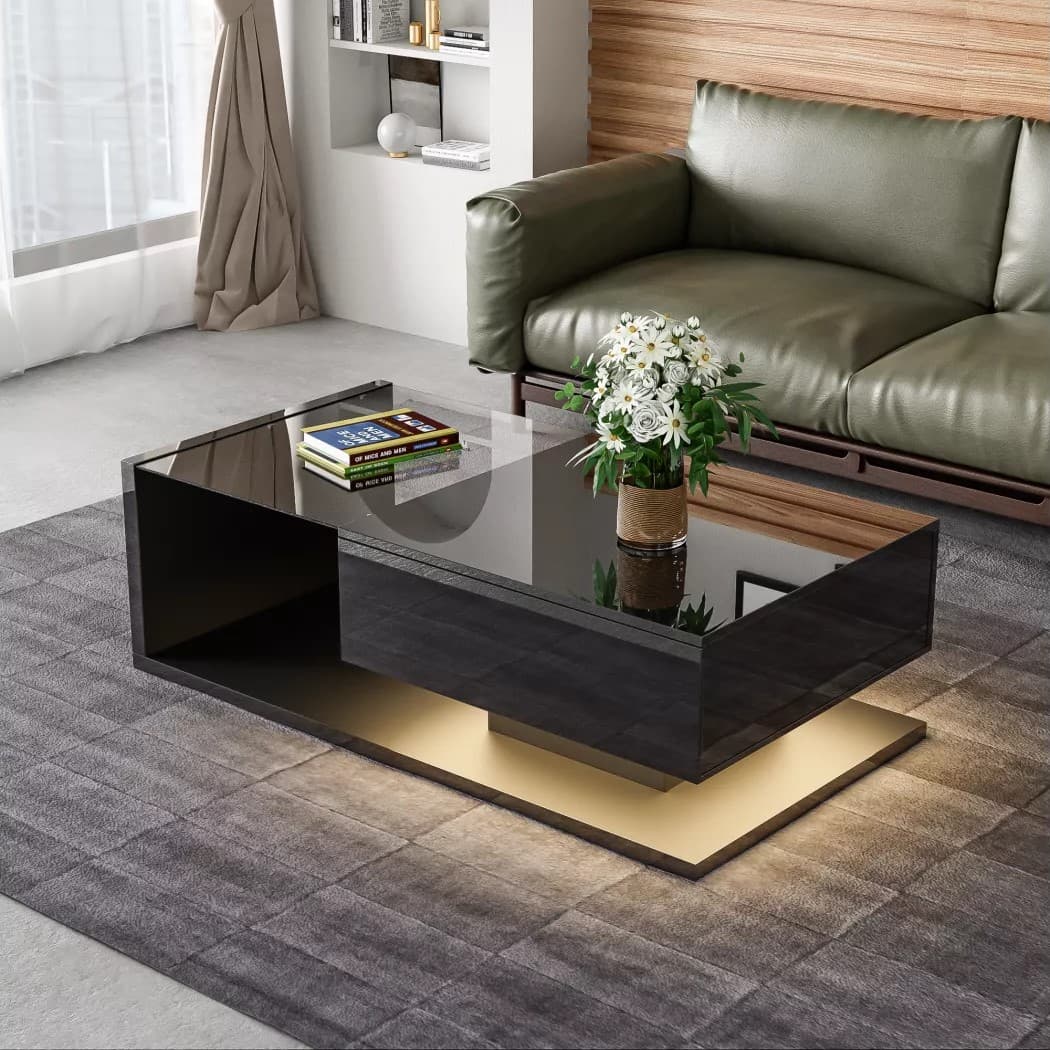 Gloss Coffee Table in Black with 16-color LED Lights, Coffee Table with Storage, Modern Coffee Table with High Gloss Finish | Aosom UK