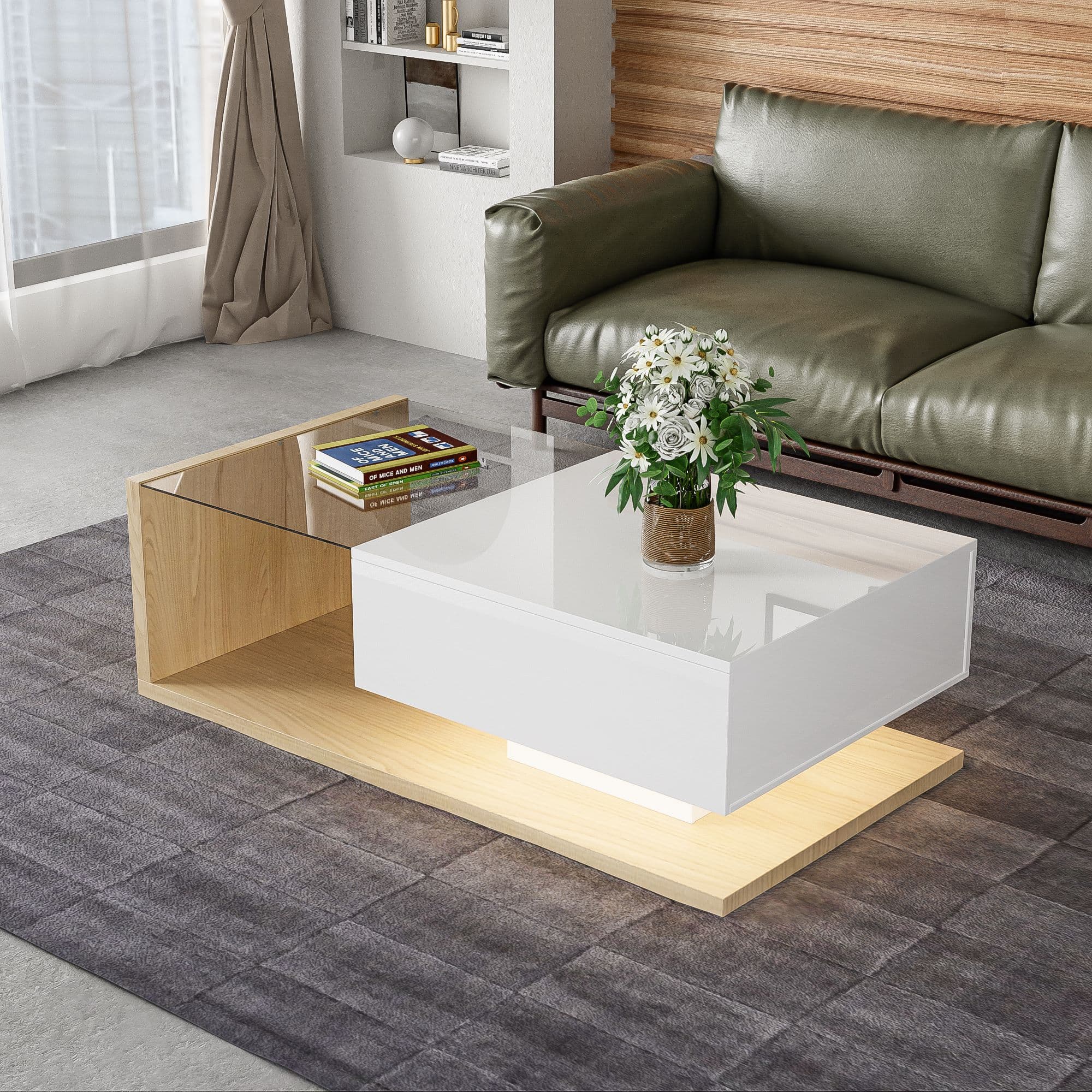 Rectangular Cocktail Table with Glass Top and LED Lights, Coffee Table with Drawer for Living Room, 105L x 55W x 32.5H cm, White+Natural | Aosom.UK