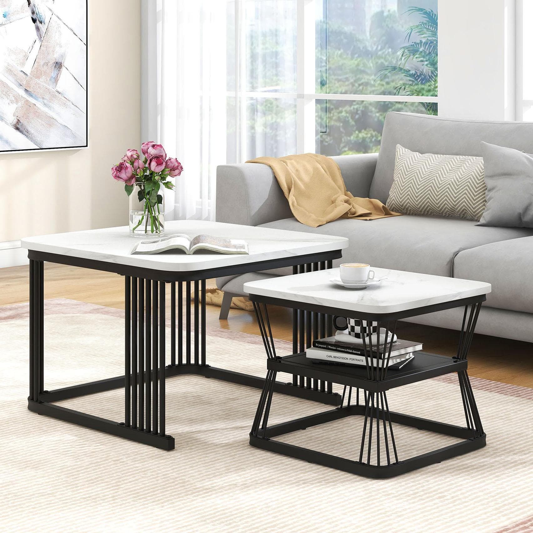 2 Piece Multi-functional Coffee Tables with Metal Frame, Marble Pattern Top, Square End Tables for Living Room, 65L x 65W x 45H cm, White | Aosom.UK