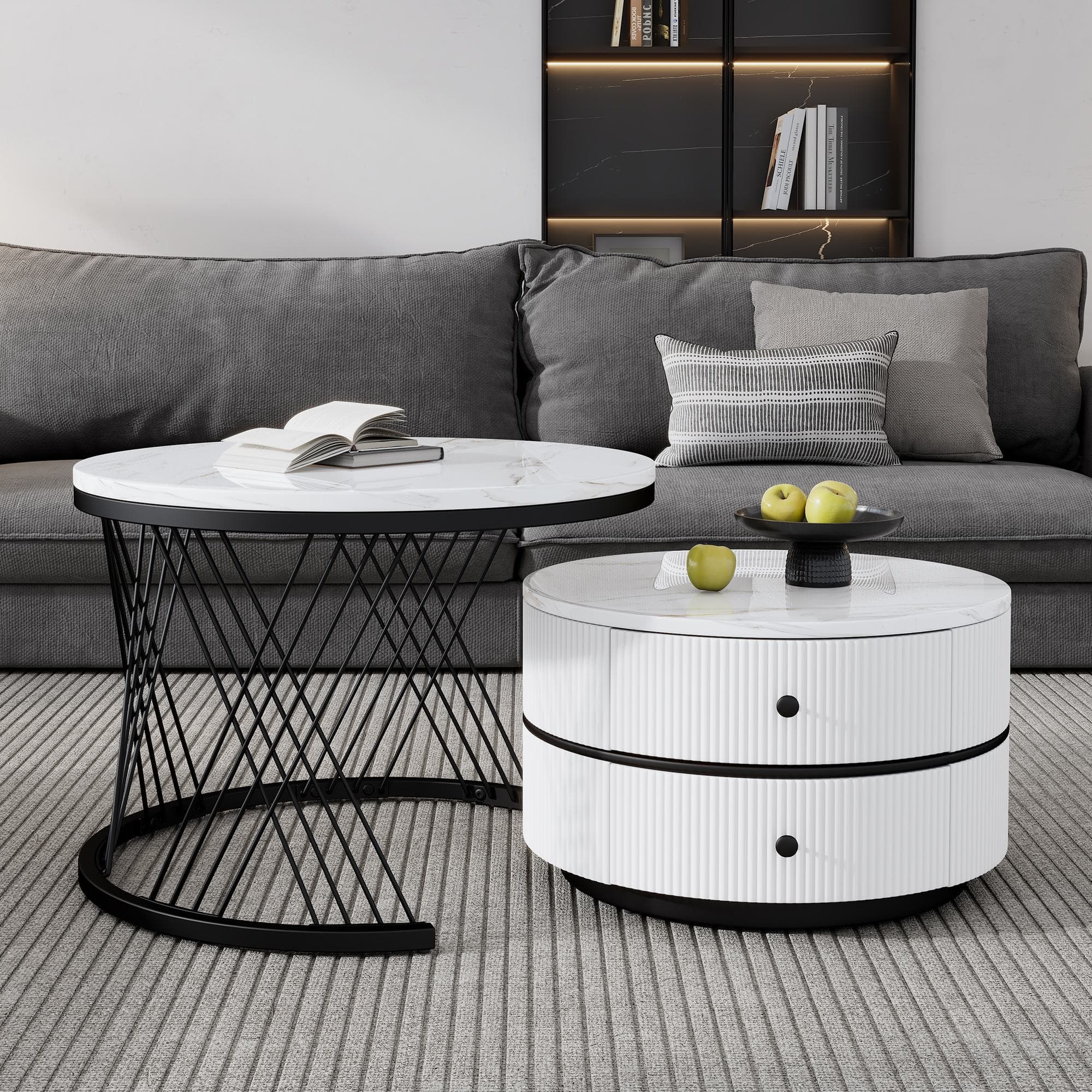 2 Piece Versatile High Gloss Nesting Table coffee with Marble-Effect Top, Modern Coffee Table with 2 Drawers for Living Room, White+Black | Aosom.UK