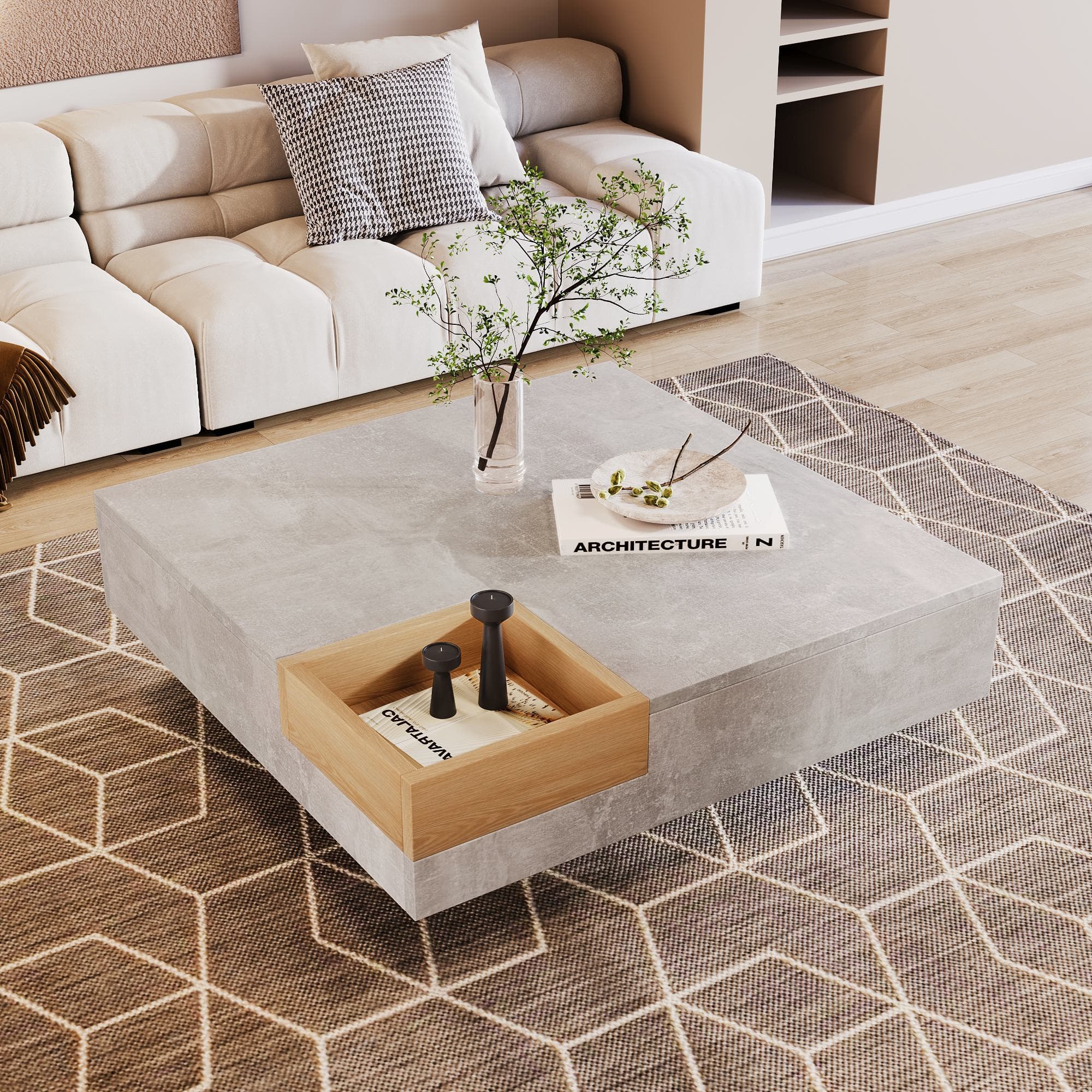 Modern Square Coffee Table with Storage Box and Sturdy Structure, Living Room Table with Marble Top for Sofa Side, 72L x 72W x 30H cm, Grey | Aosom.UK