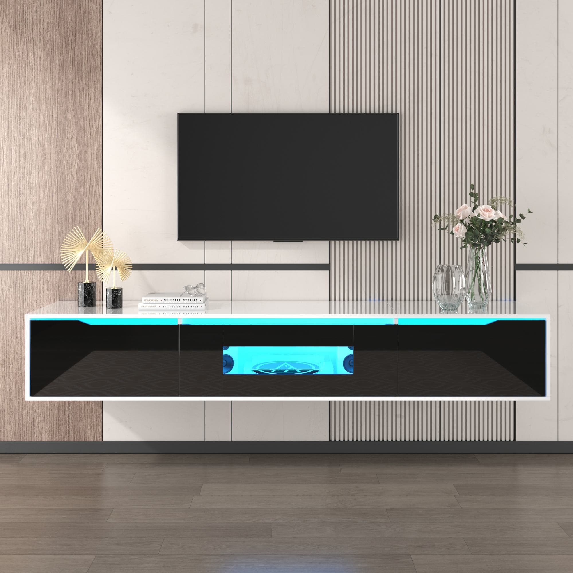Black TV Unit with High Gloss and Color Changing LED Lights, TV Sideboard with 3 Storage Space, for Bedroom, 180L x 35W x 30H cm, Black | Aosom.UK