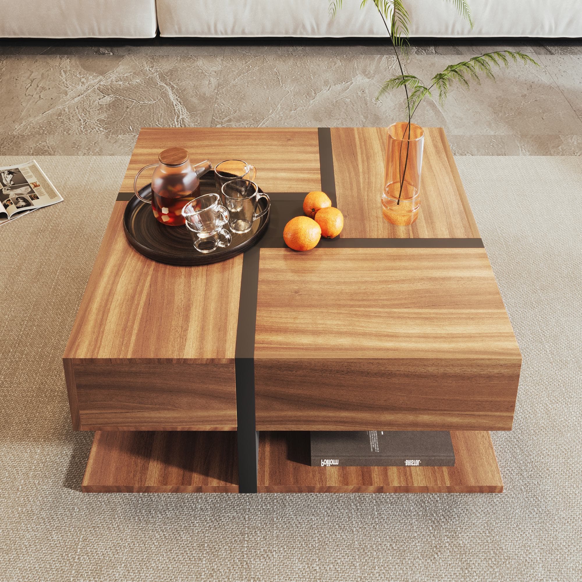 Square Coffee Table with 4 Drawers and Bottom Storage Space, Wooden Table with Unique Pattern for Living Room, 78L x 78W x 36H cm, Natural | Aosom.UK