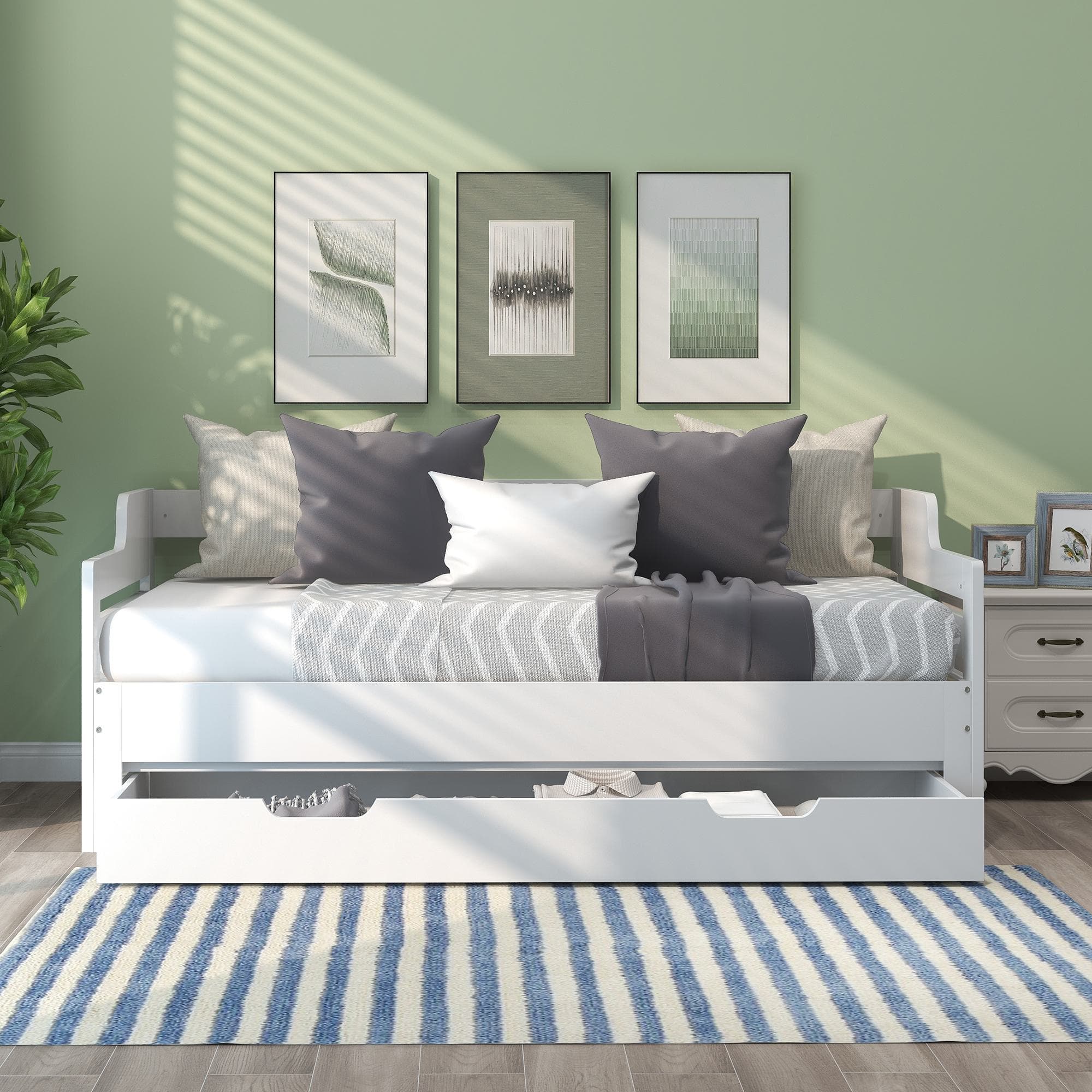 Extendable Sofa Bed with Pull-Out Trundle, Sleeping Sofa with Storage Drawer for Living Room, Bedroom, 194L x 180W x 66H cm, White | Aosom.UK