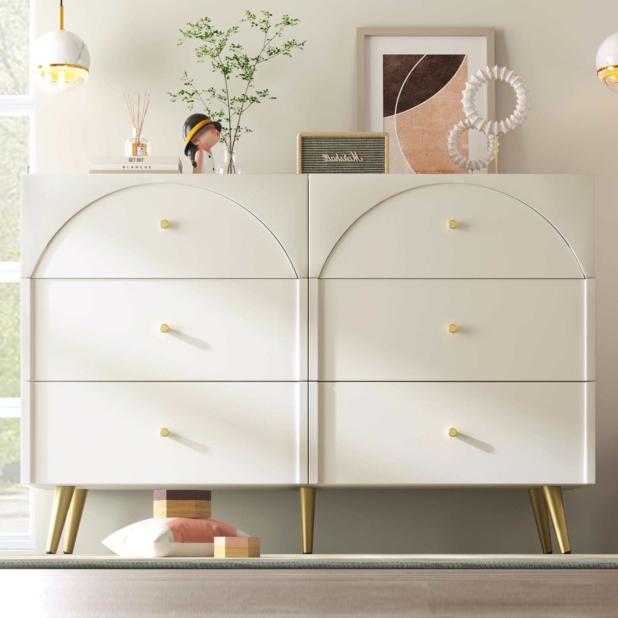 Sideboard Cabinet with 6 Drawers, Height Ajustable Storage Cabinet with Wood and Metal Construction for Living Rooms & Kitchen, 120L x 40W x 85H cm, White | Aosom UK