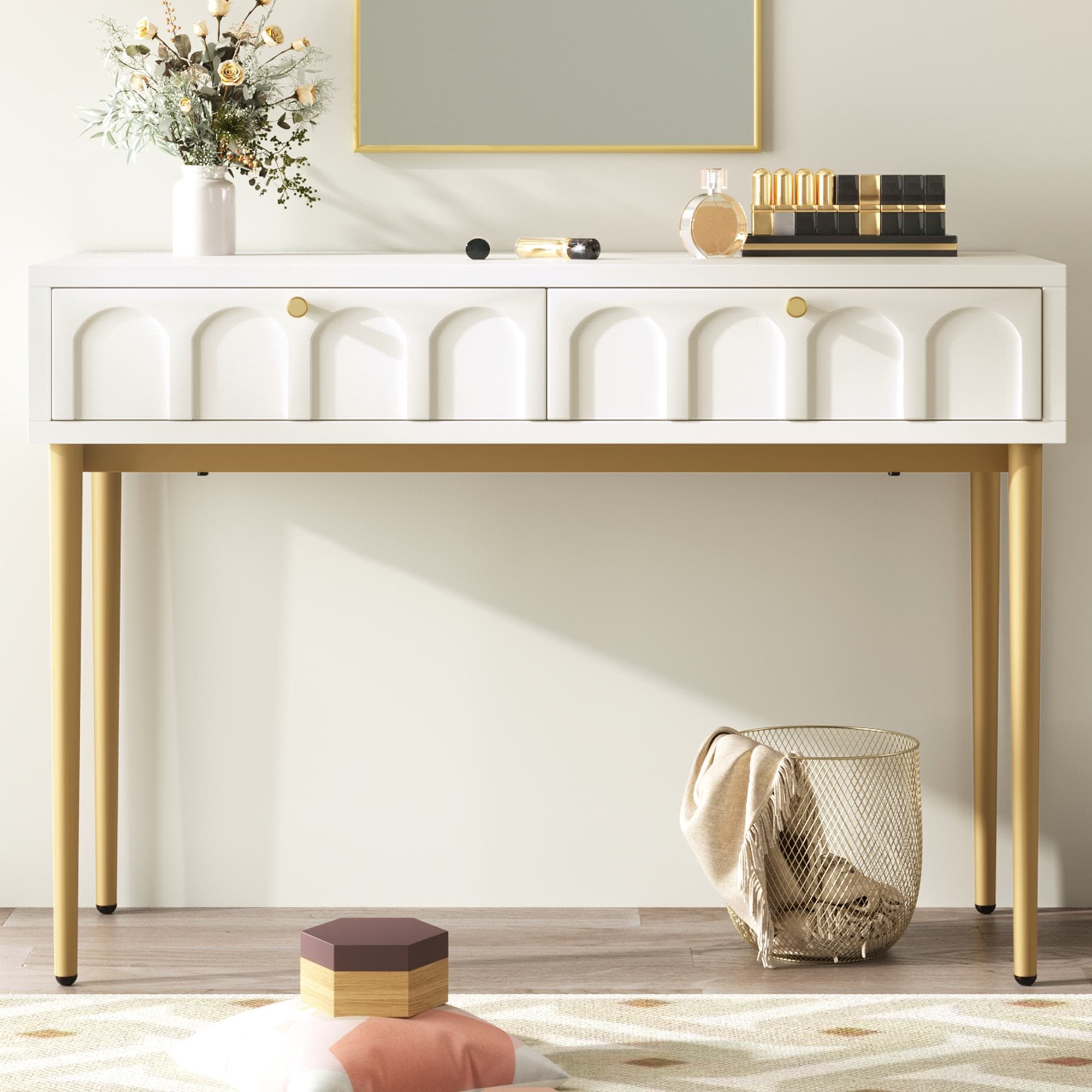 Space-Saving Dressing Table with 2 Drawers, Robust Construction, Vanity for Bedroom and Living Room, 100L x 45W x 76.5H cm, White | Aosom.UK