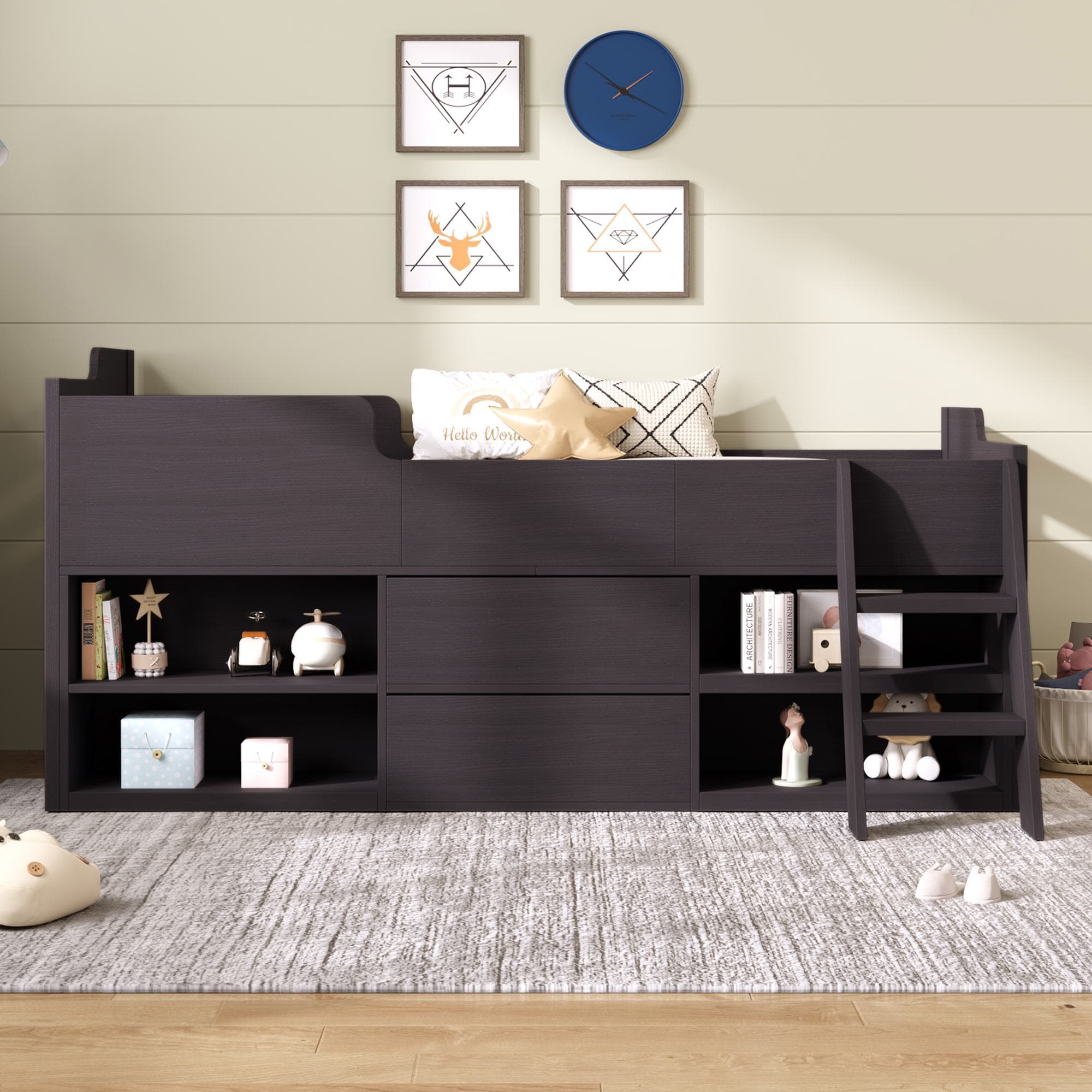 Children's Wooden Mid Sleeper Cabin Bed with Drawers and Shelves Storage, Versatile Bed Frame for Bedroom, 196L x 94W x 92H cm, Taupe | Aosom.UK