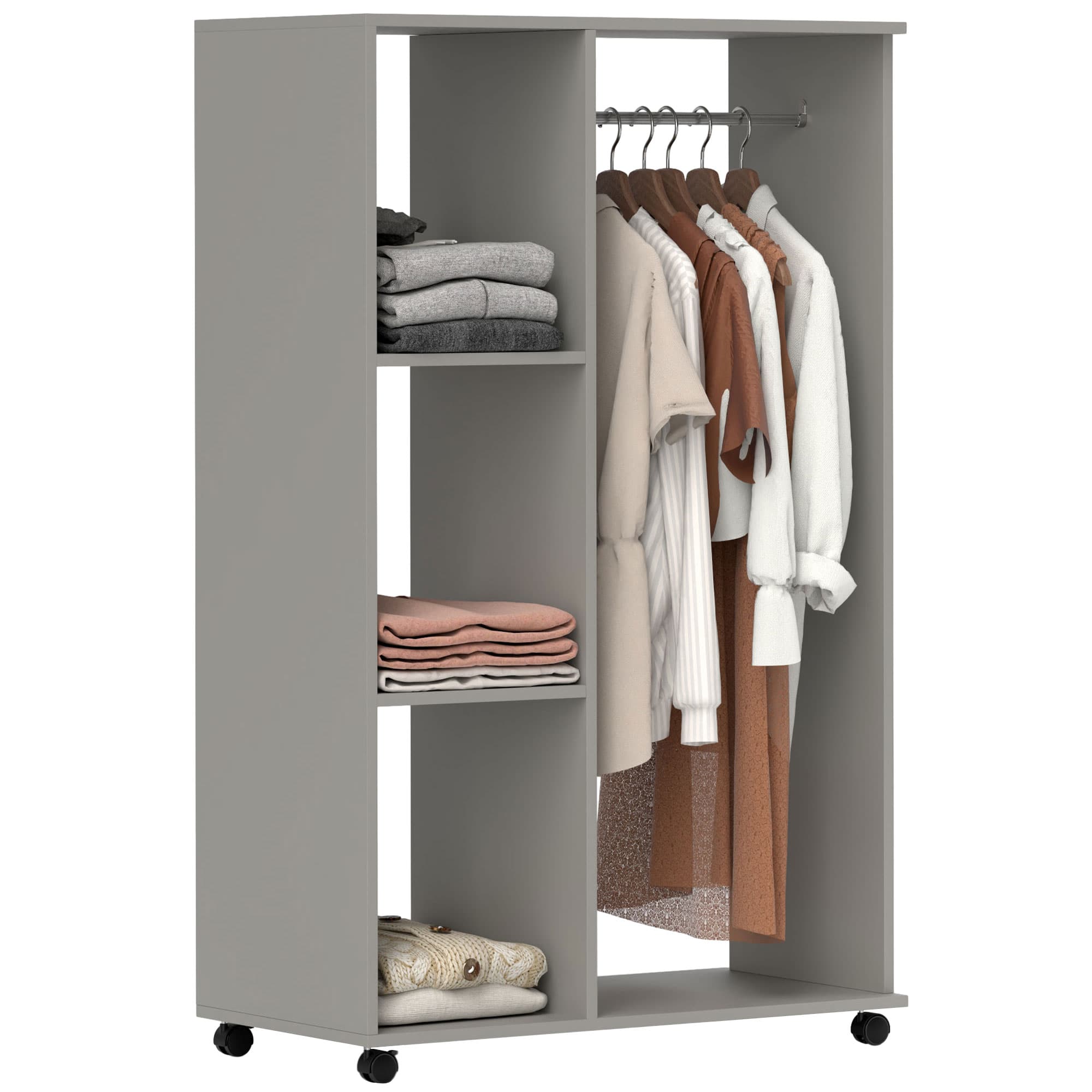 HOMCOM Open Wardrobe on Wheels with Clothes Rail, Bedroom Clothes Storage with Hanging Rod, 3 Storage Shelve, Grey | Aosom UK