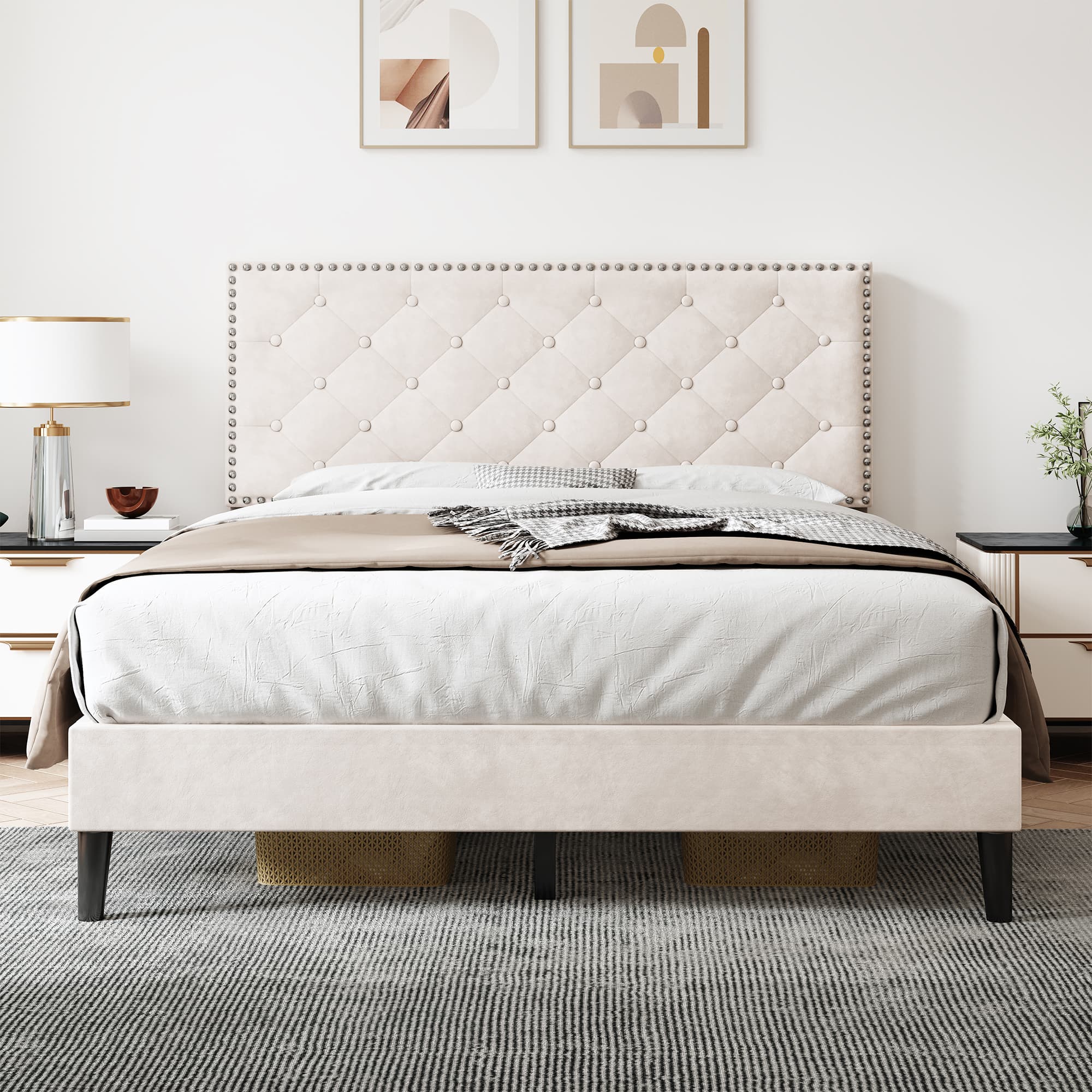 Upholstered Velvet Bedstead with Button-Tufted Headboard, Noise-Free Design, Wood Double Bed for Bedroom, 193L x 141W x 110H cm, Beige | Aosom.UK