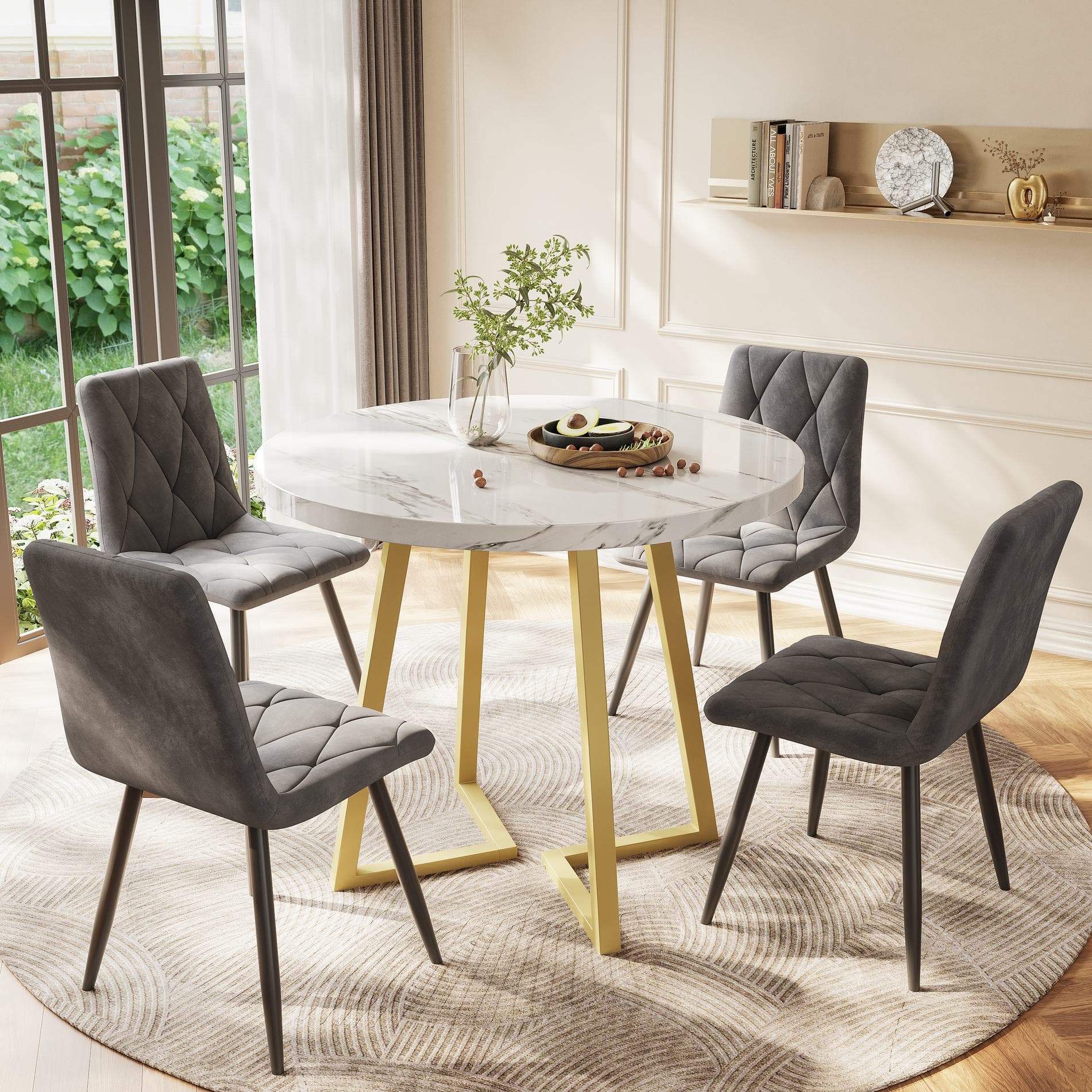 Modern Round Dining Table with Marble Pattern and Gold Metal Frame, Multi-Purpose Design for Apartments, 80L x 80W x 75H cm, Gold+White | Aosom.UK