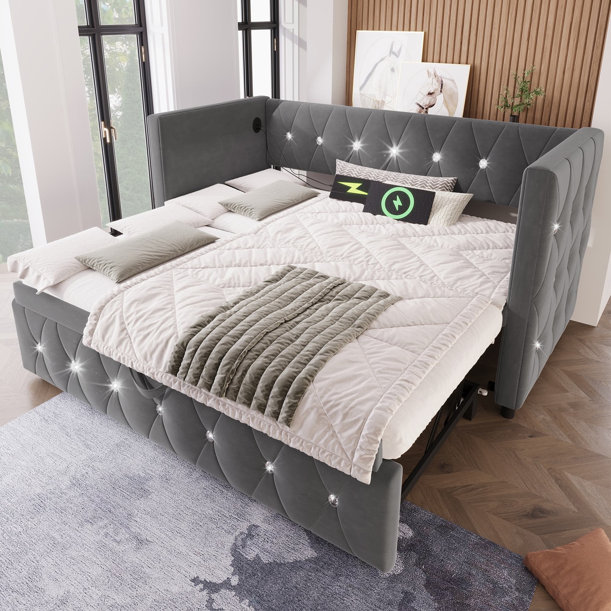 Upholstered Velvet Daybed with USB and Type C Ports, Pull-Out Trundle, Elegant Single Sofa Bed for Bedroom, 203L x 101-194W x 76H cm, Grey | Aosom.UK