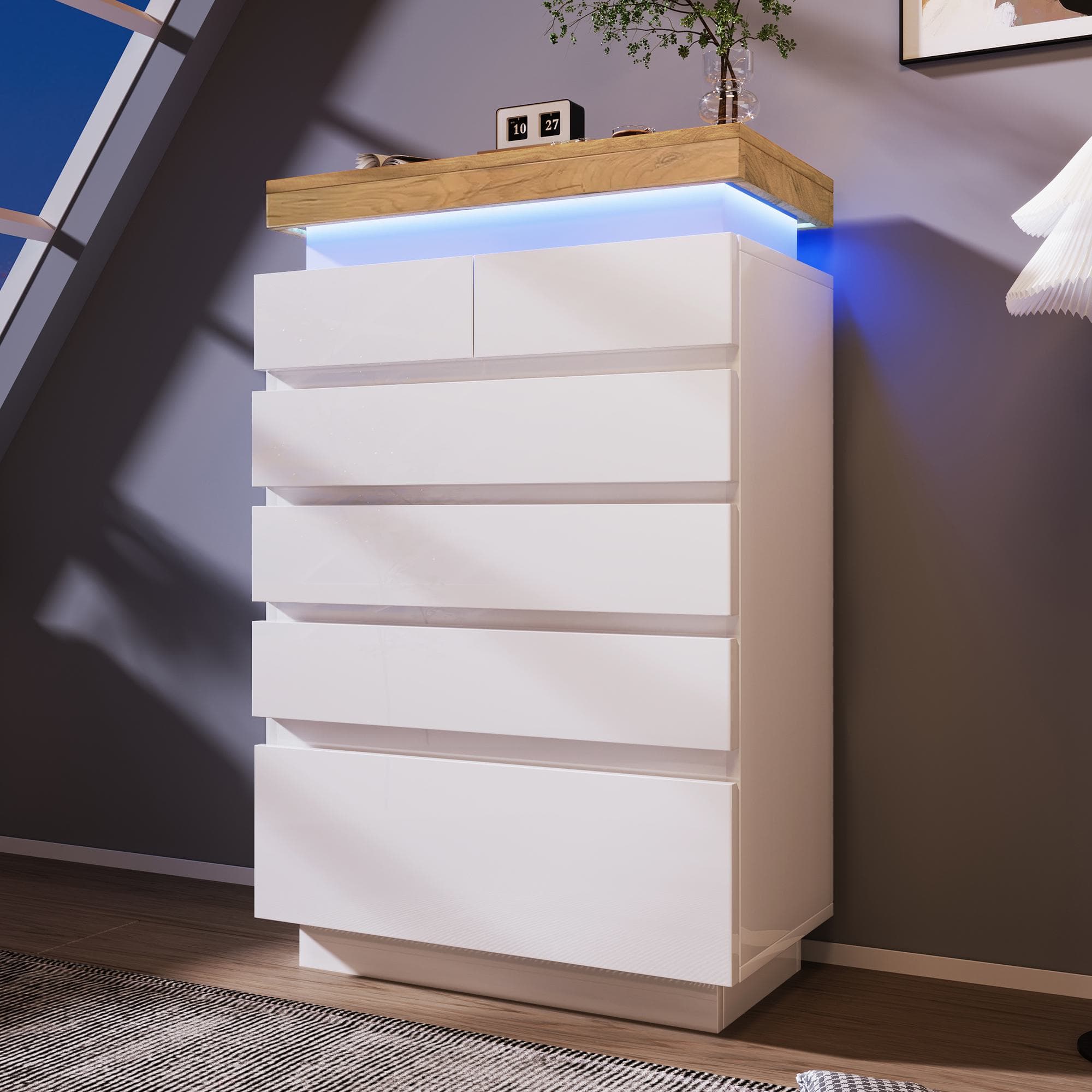 High-Gloss Storage Cabinet with 6 Storage Drawers, LED lighting Chest of Drawers for Bedroom, Living Room, 73L x 39W x 115H cm, White | Aosom.UK