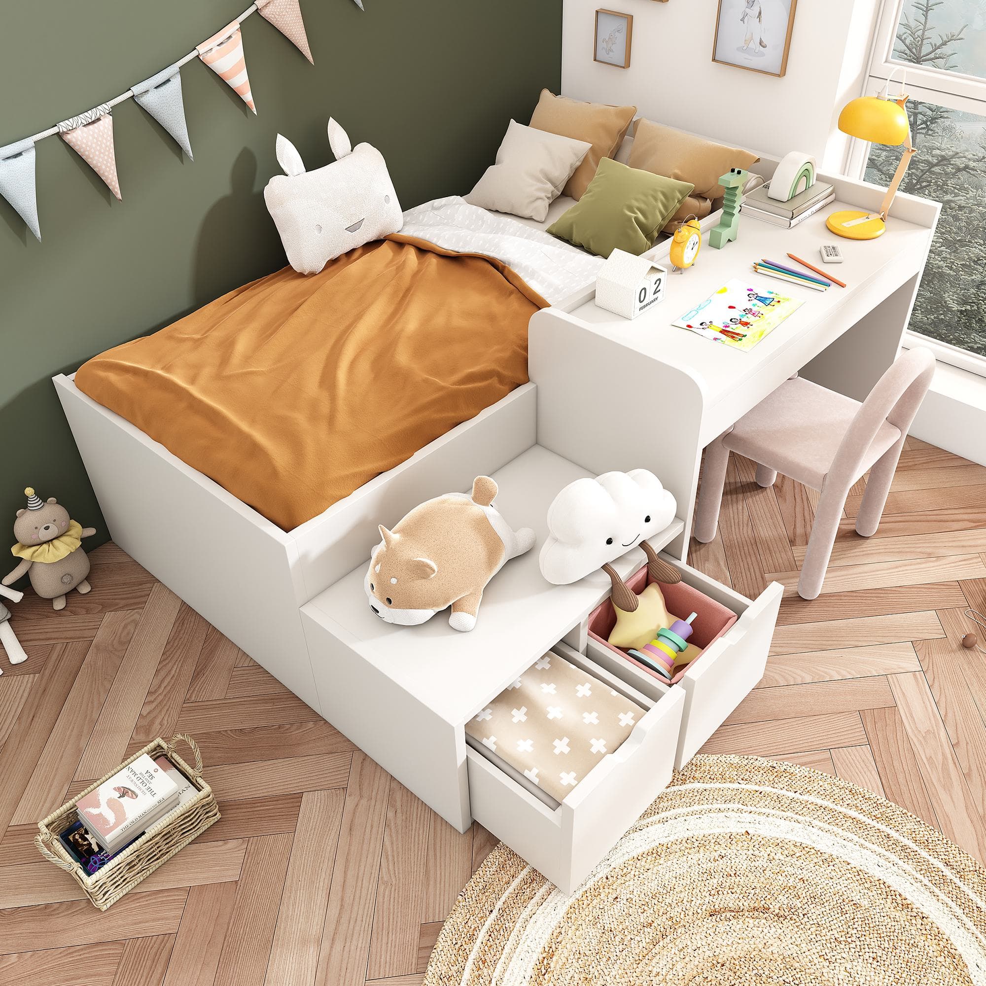 Kids Single Bed with Desk and Storage Drawers, Solid Wood Bed Frame with Lying Surface, for Teenagers, 195L x 137W x 82.5H cm, White | Aosom.UK