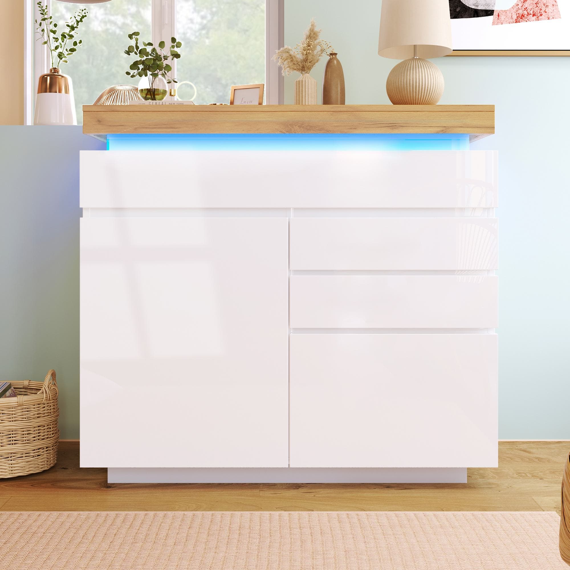 High-Gloss Sideboard Cabinet with Drawers and Doors, LED Lighting Chest of Drawers for Living Room, Hallway, 110L x 39W x 115H cm, White | Aosom.UK