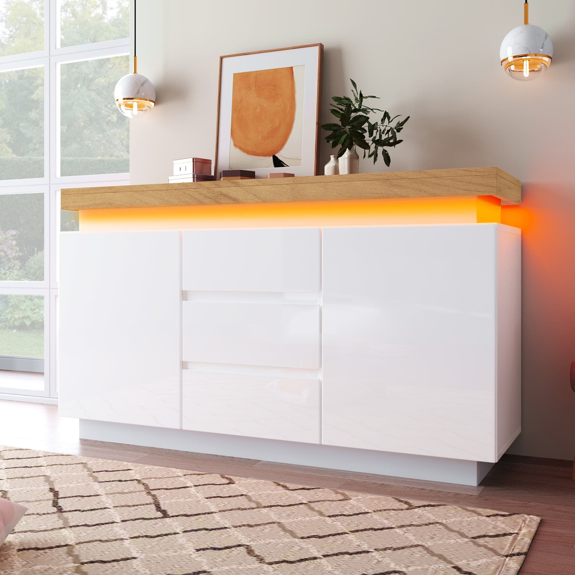 High-Gloss Storage Cabinet with 2 Doors and 3 Drawers, Modern Buffet with App-Controlled LED Light, for Hallway, 140L x 39W x 81H cm, White | Aosom.UK
