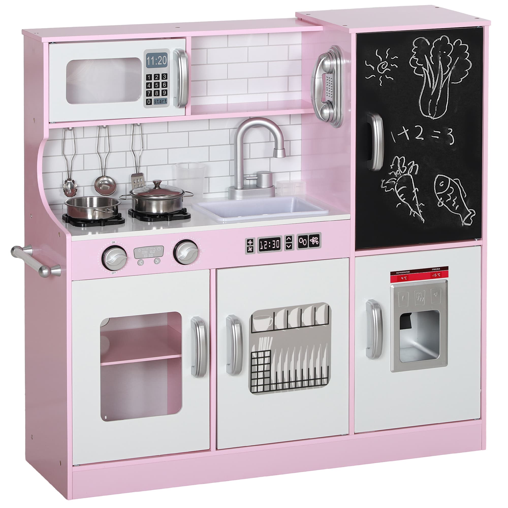 AIYAPLAY Pretend Play Kitchen Kids Kitchen Playset w/ Toy Phone, Chalkboard, Microwave, Cooking Stove, Sink | Aosom UK