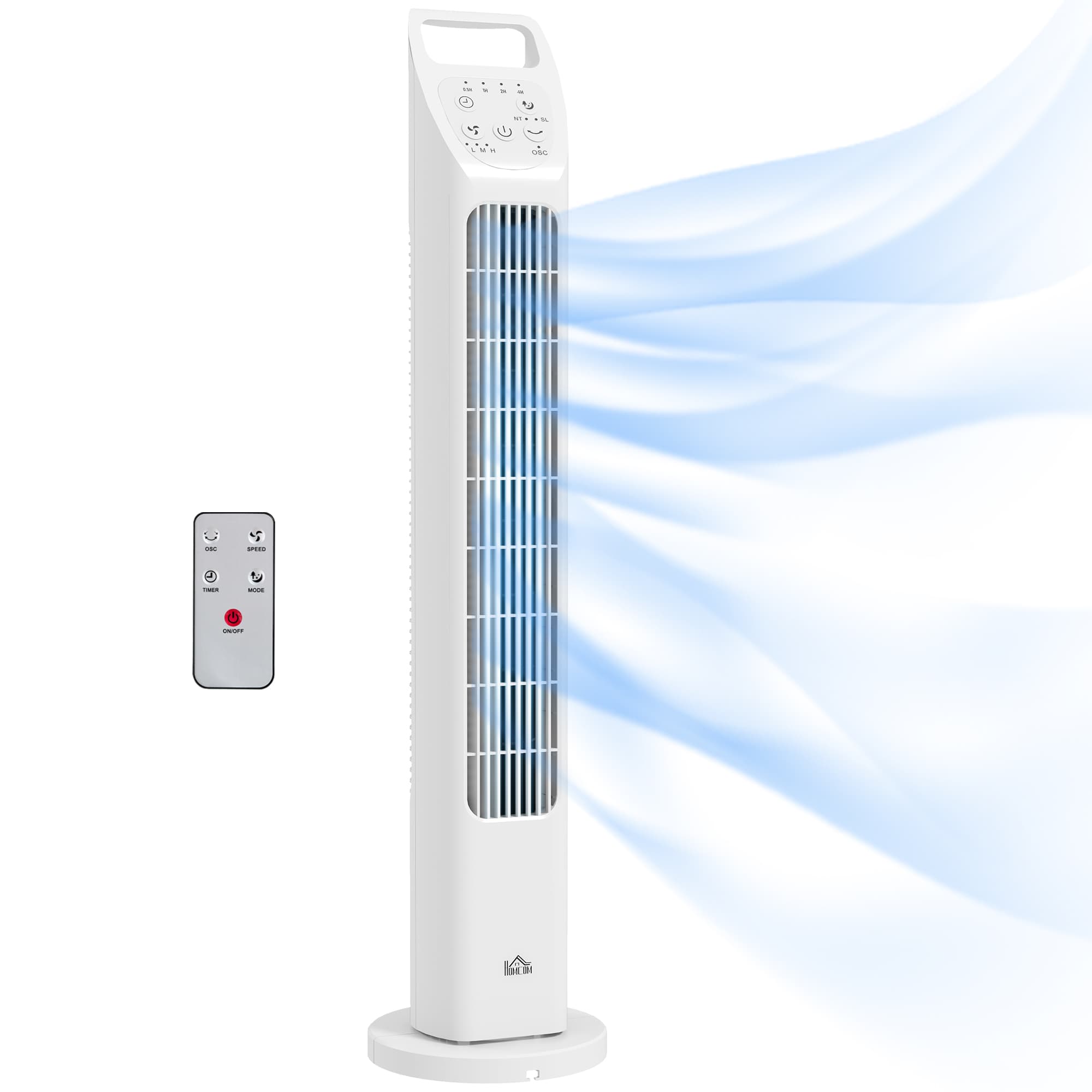 HOMCOM 31" Oscillating Tower Fan w/ Remote Control, 4H Timer, 3 Speed 3 Modes, Quiet Electric Floor Standing Fan for Home Office, White | Aosom UK