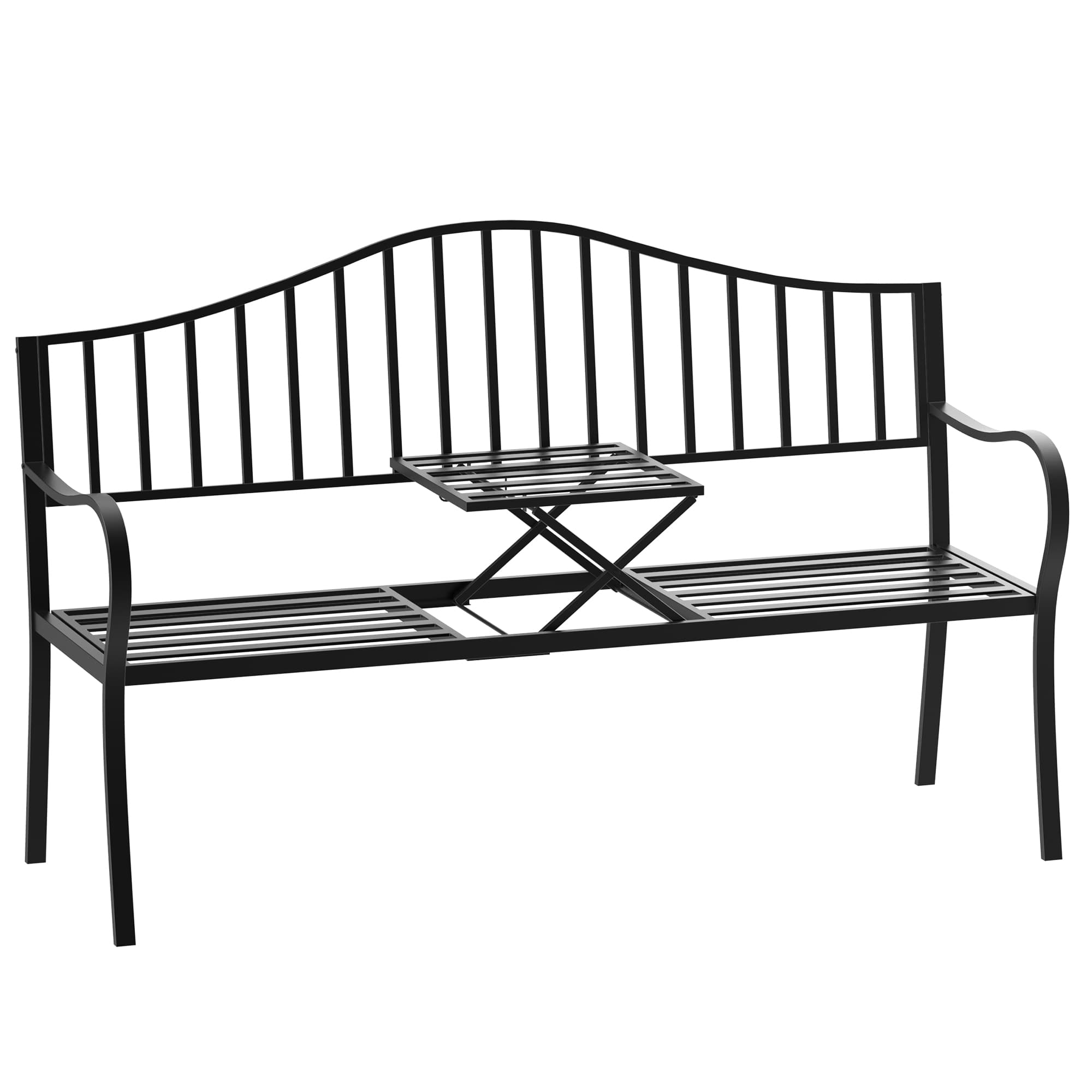 Outsunny Outdoor Metal Frame Bench Patio Park Garden Seating Chair with Foldable Middle Table | Aosom UK