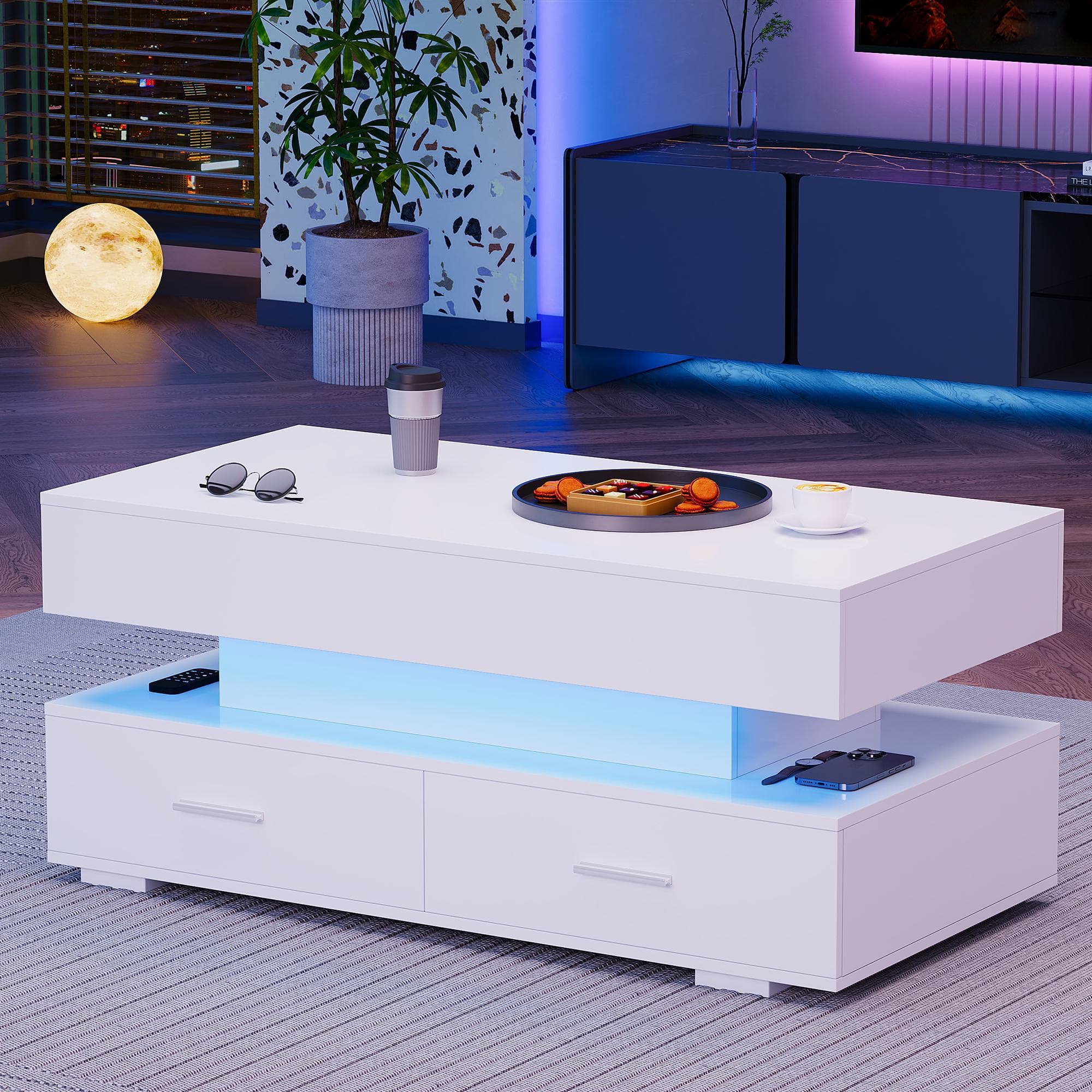 Hydraulic Lift Top Coffee Table with LED Lighting, 2 Drawers and Storage, Oblong Coffee Table for Living Room, 100L x 50W x 44H cm, White | Aosom.UK