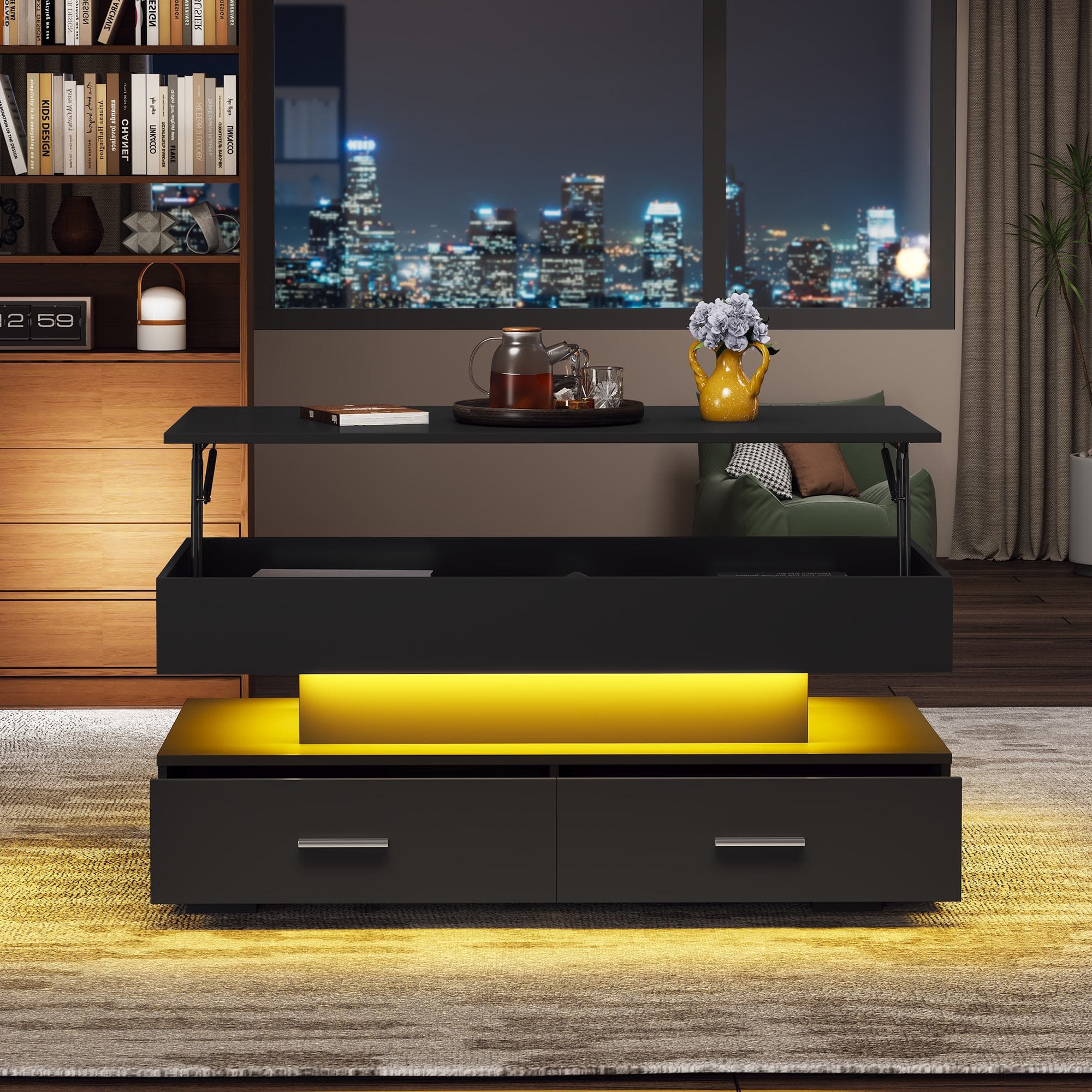 Hydraulic Lift Top Coffee Table with LED Lighting, 2 Drawers, Cocktail Table with Storage Space, for Sofa Side, 100L x 50W x 44H cm, Black | Aosom.UK
