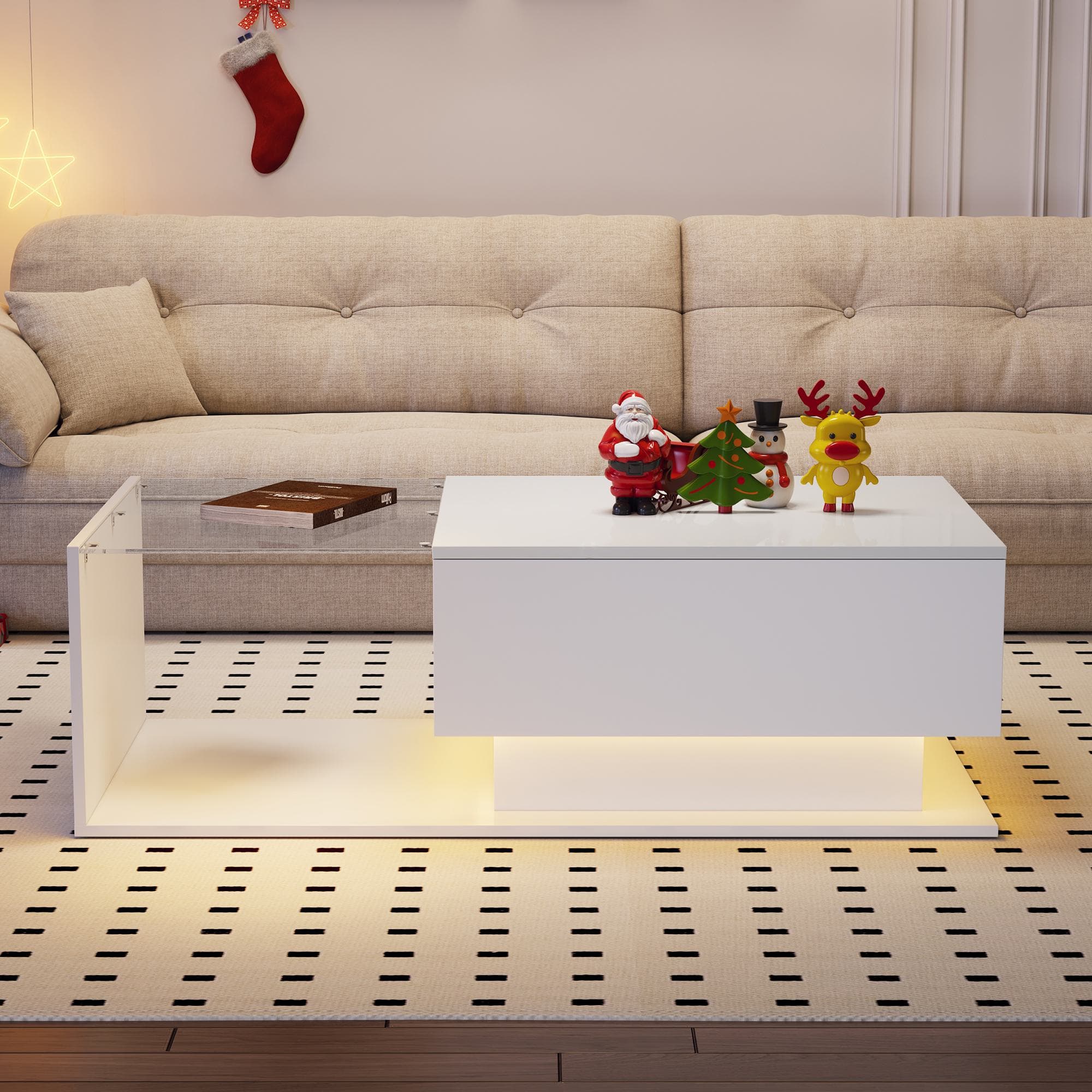 Modern LED Coffee Table with High Gloss Finish, Glass Top and Drawer, Oblong Coffee Table for Living Room, 100L x 50W x 32H cm, White | Aosom.UK