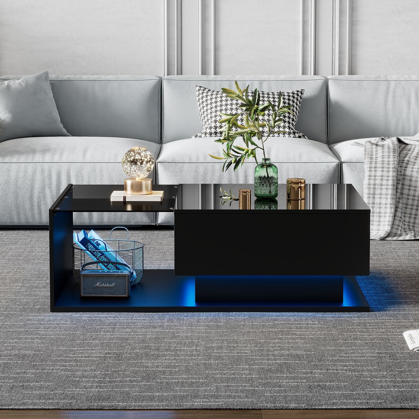 High Gloss Finish Coffee Table with Smart App-Controlled RGB Lights, Dark Coffee Table with Glass Top, Drawer, 100L x 50W x 32H cm, Black | Aosom.UK