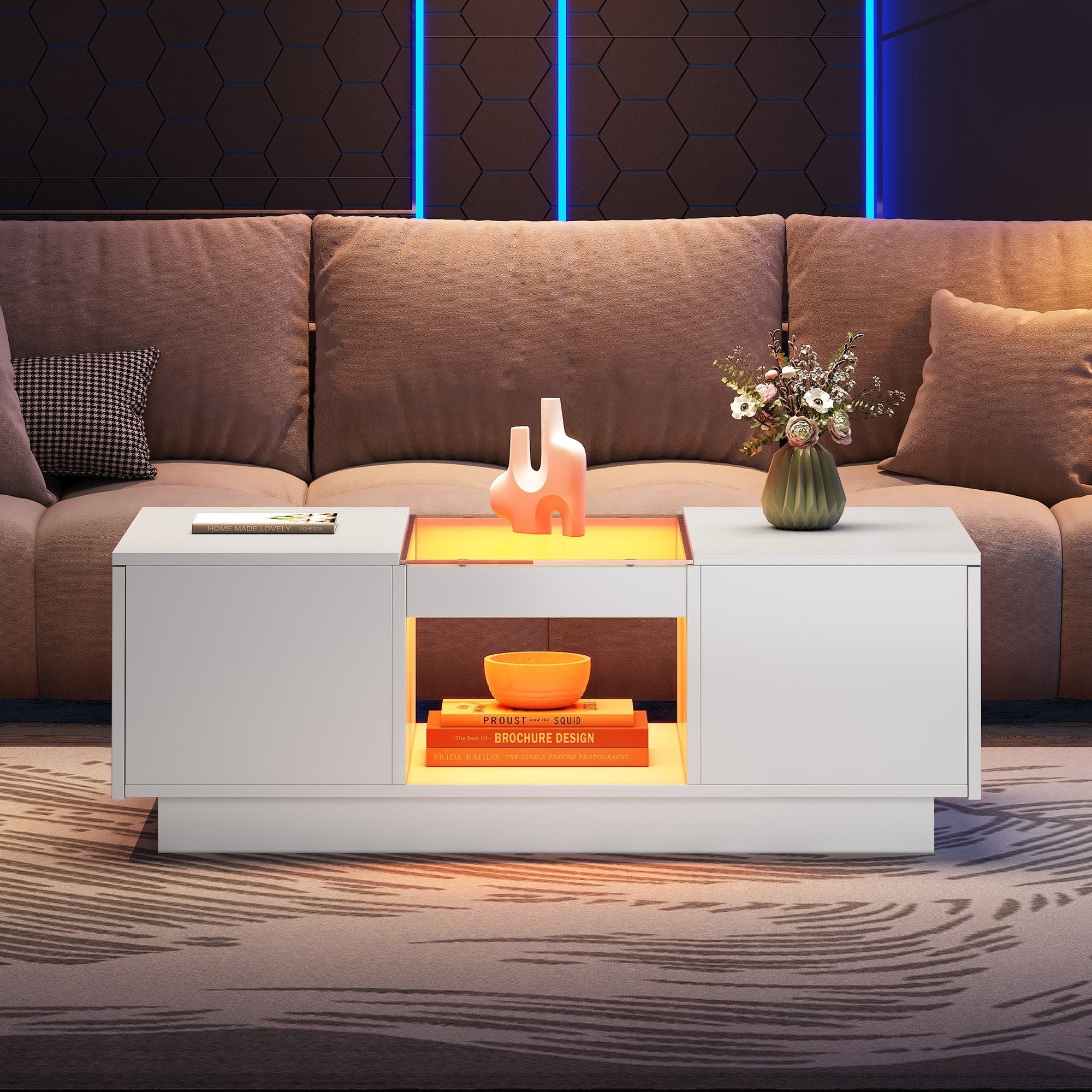 Modern Coffee Table with Storage and LED Lighting, Oblong Coffee Table with 2 Tiers, Drawers, and App Control, 100L x 50W x 35.5H cm, White | Aosom.UK