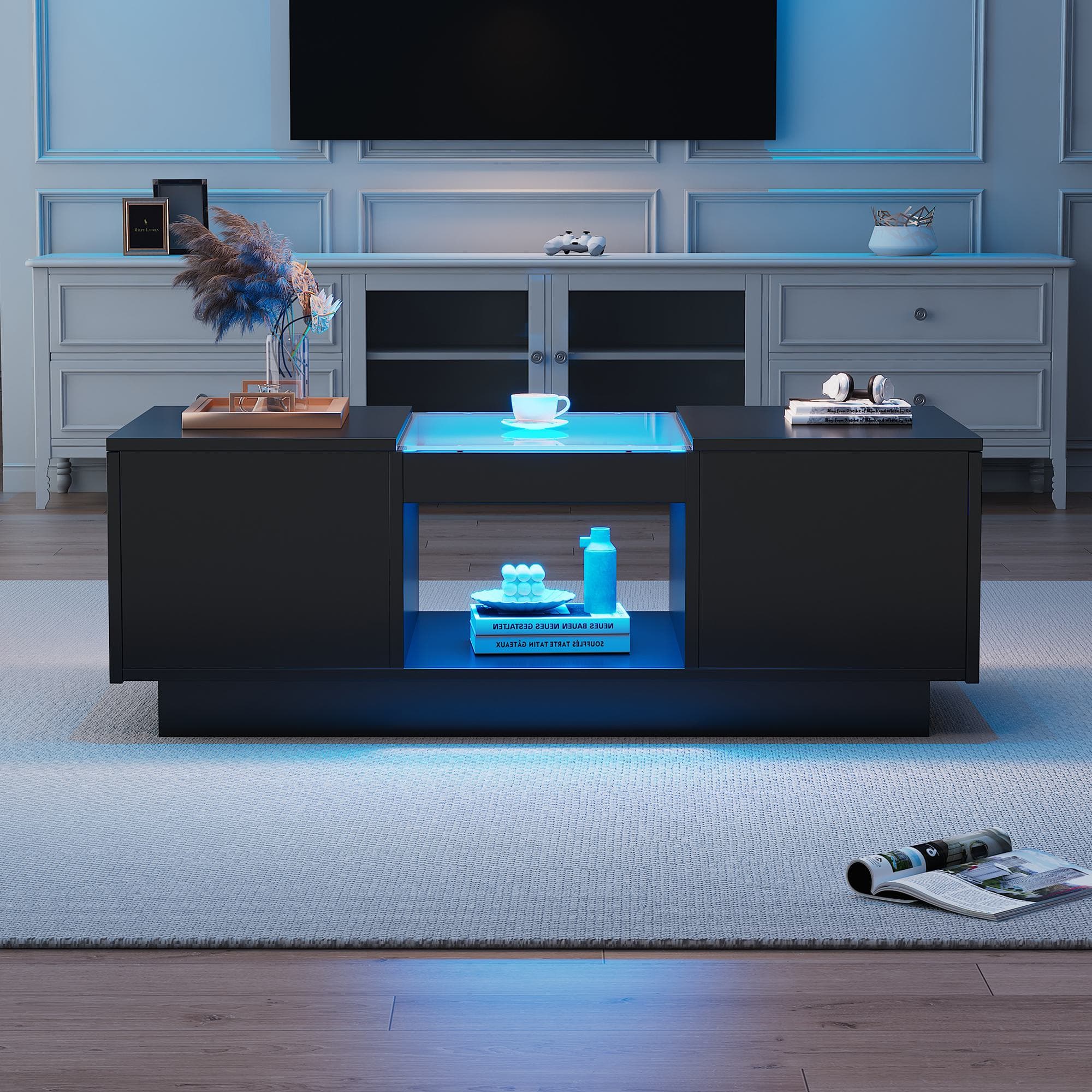 Modern 2-Tier Design Coffee Table with App-Controlled LED Lights and 2 Drawers, Cocktail Table with Storage, 100L x 50W x 35.5H cm, Black | Aosom.UK