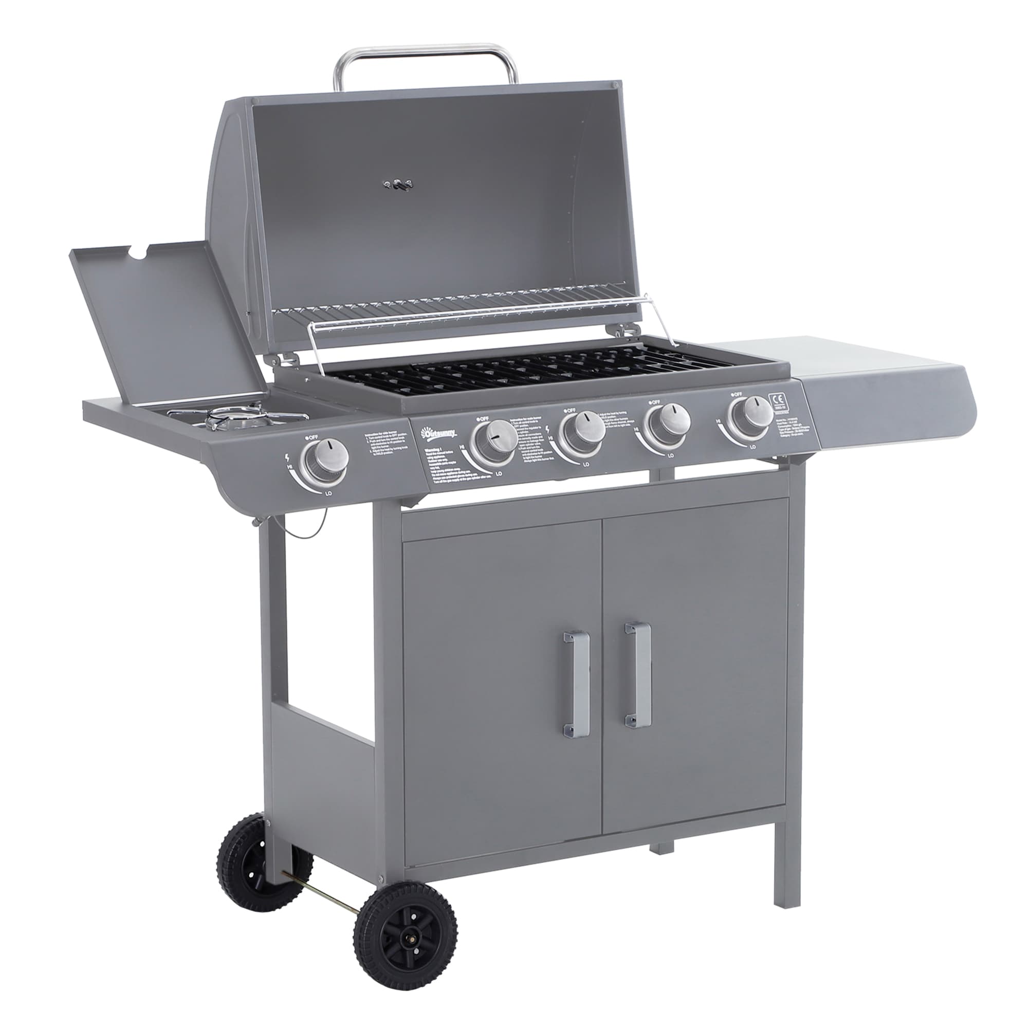 Outsunny 4+1 Burner Gas BBQ Grill, Outdoor Barbecue Trolley with Wheels, Cabinet, Thermometer for Garden, Party, Camping, 125L x 51W x 100Hcm, Grey