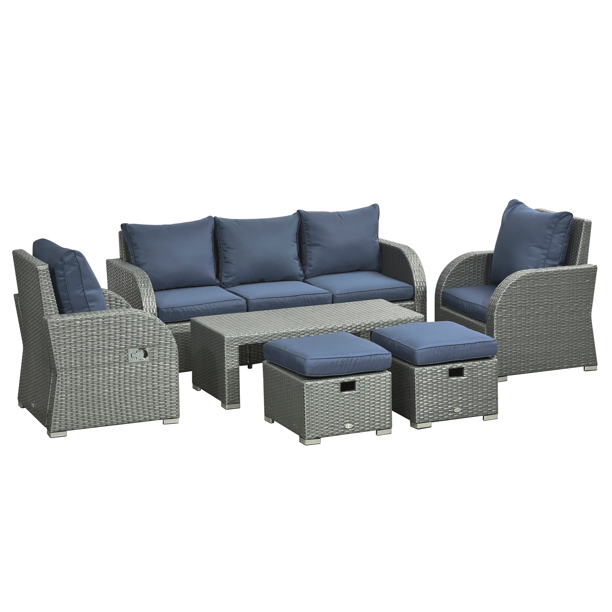 Outsunny 6pc Outdoor Couch Set, Rattan Wicker Furniture with 3-Seat Sofa, 2 Single Sofas, 2 Footstools and Coffee Table | Aosom UK